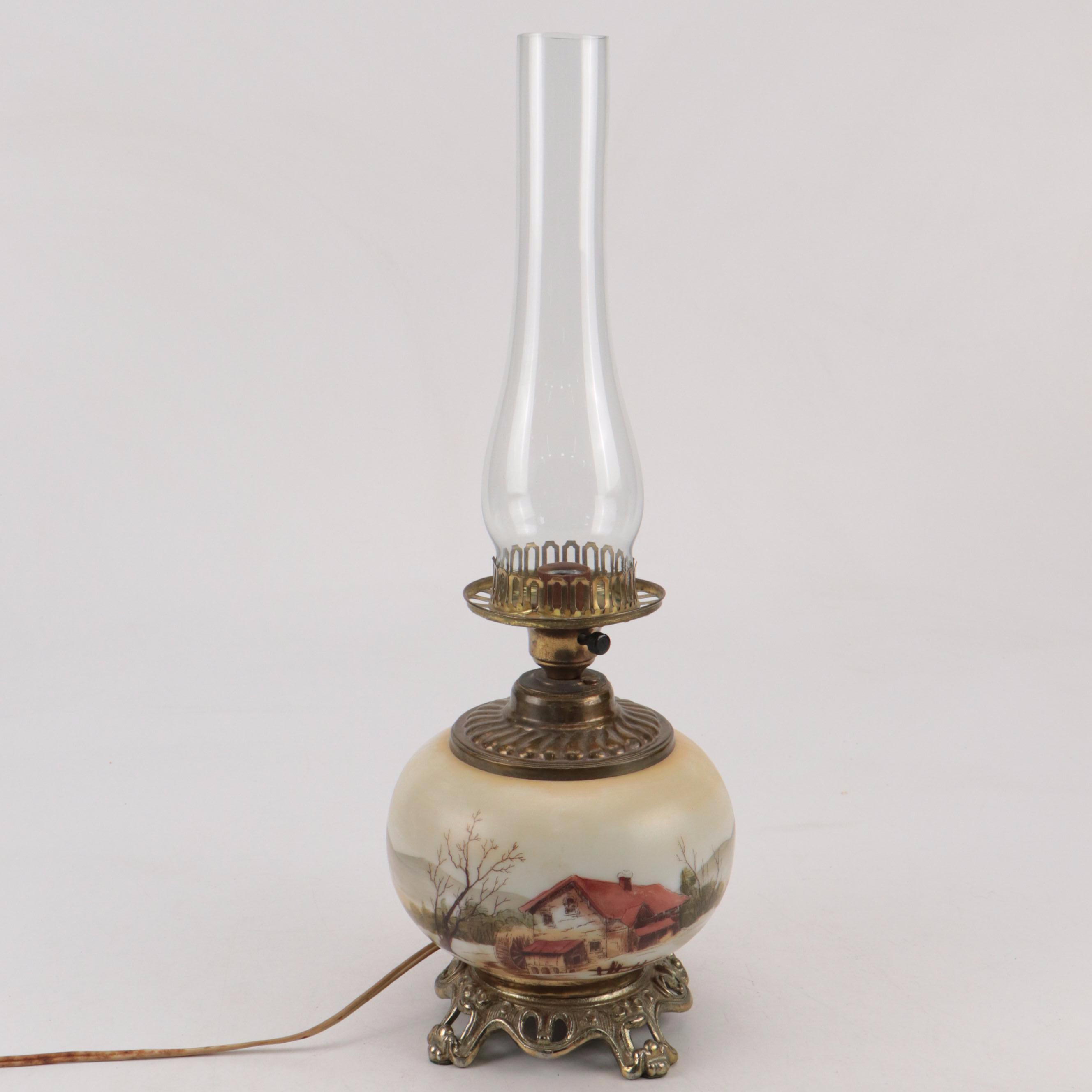Victorian Style Farmstead Genre Hand-Painted Milk Glass Globe Lamp, 20th C.