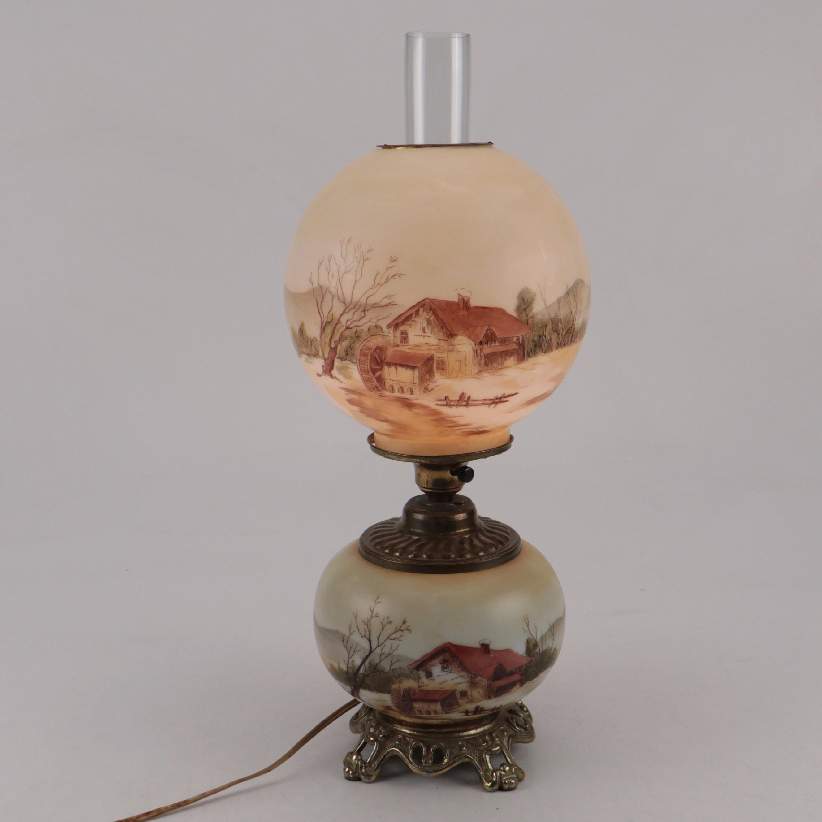 Victorian Style Farmstead Genre Hand-Painted Milk Glass Globe Lamp, 20th C.