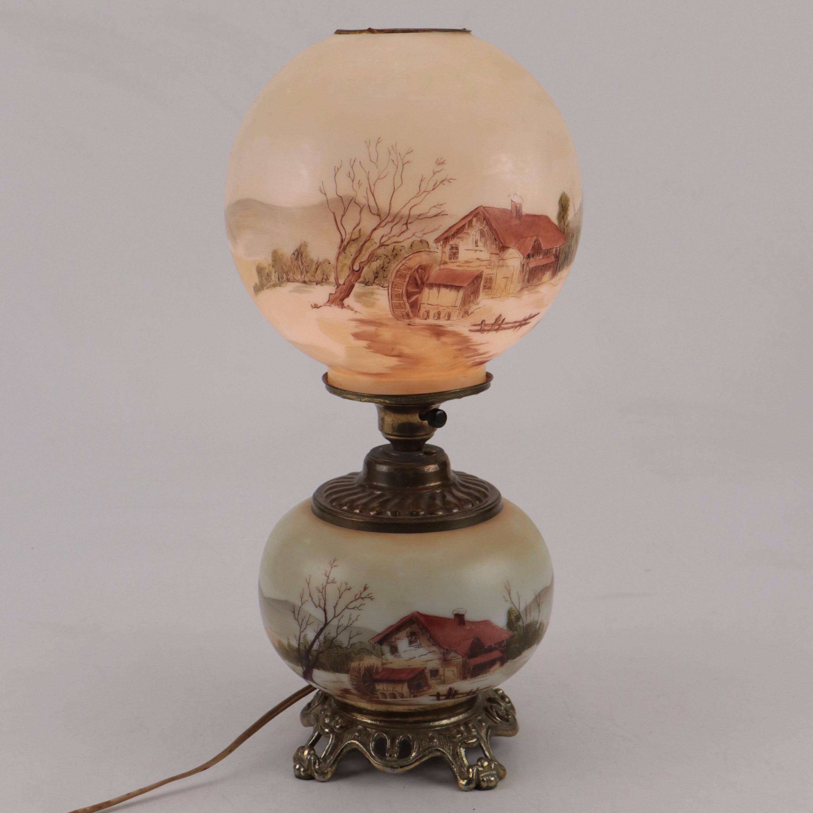 Victorian Style Farmstead Genre Hand-Painted Milk Glass Globe Lamp, 20th C.