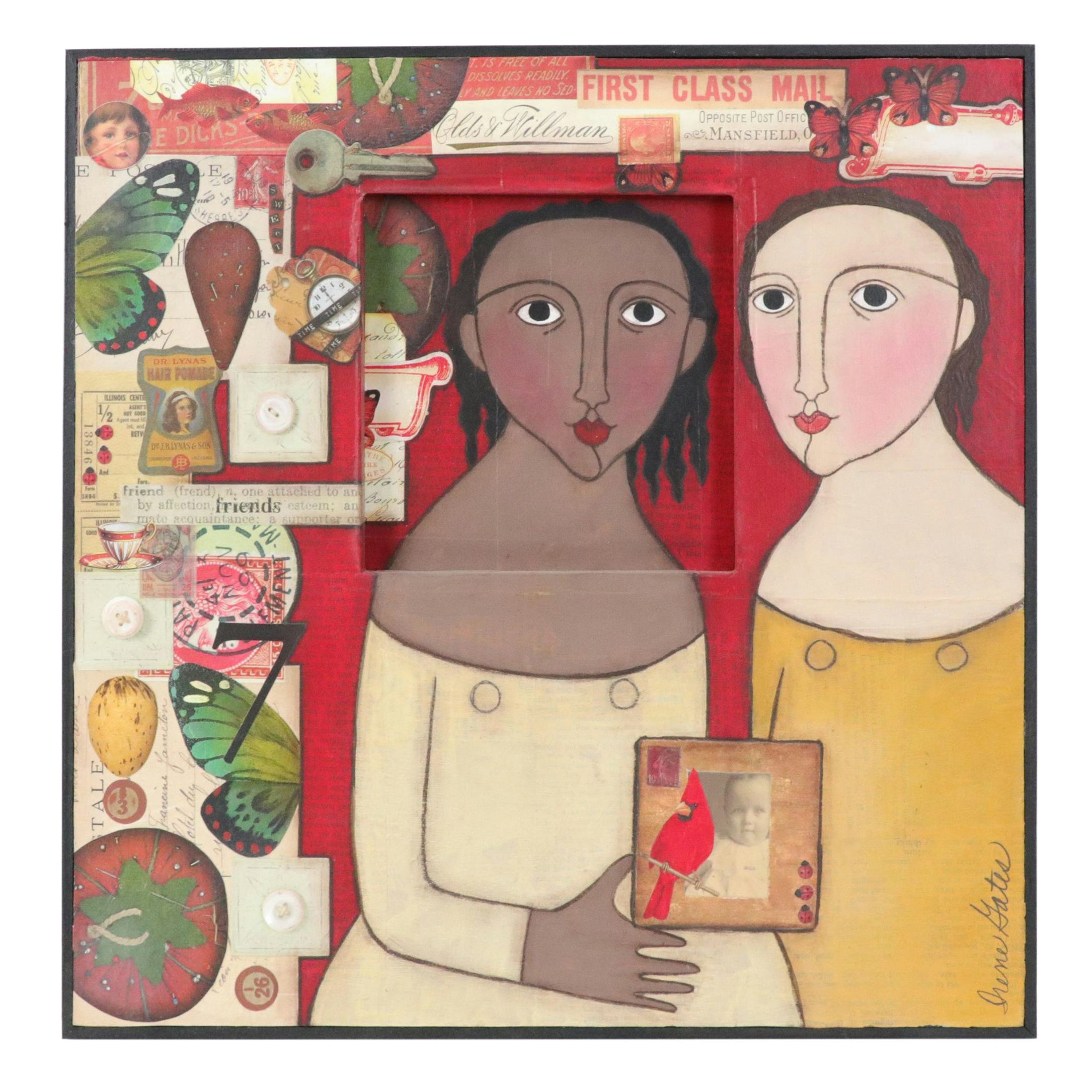 Irene Gates Folk Dimensional Figural Collage, 21st Century