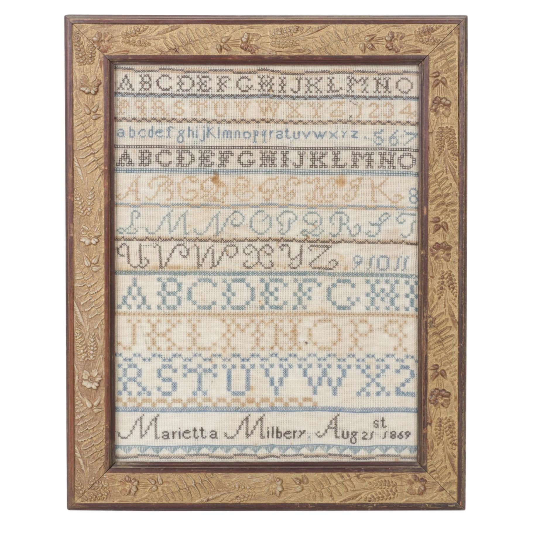 Hand-Made Cross-Stitch Sampler,  1869