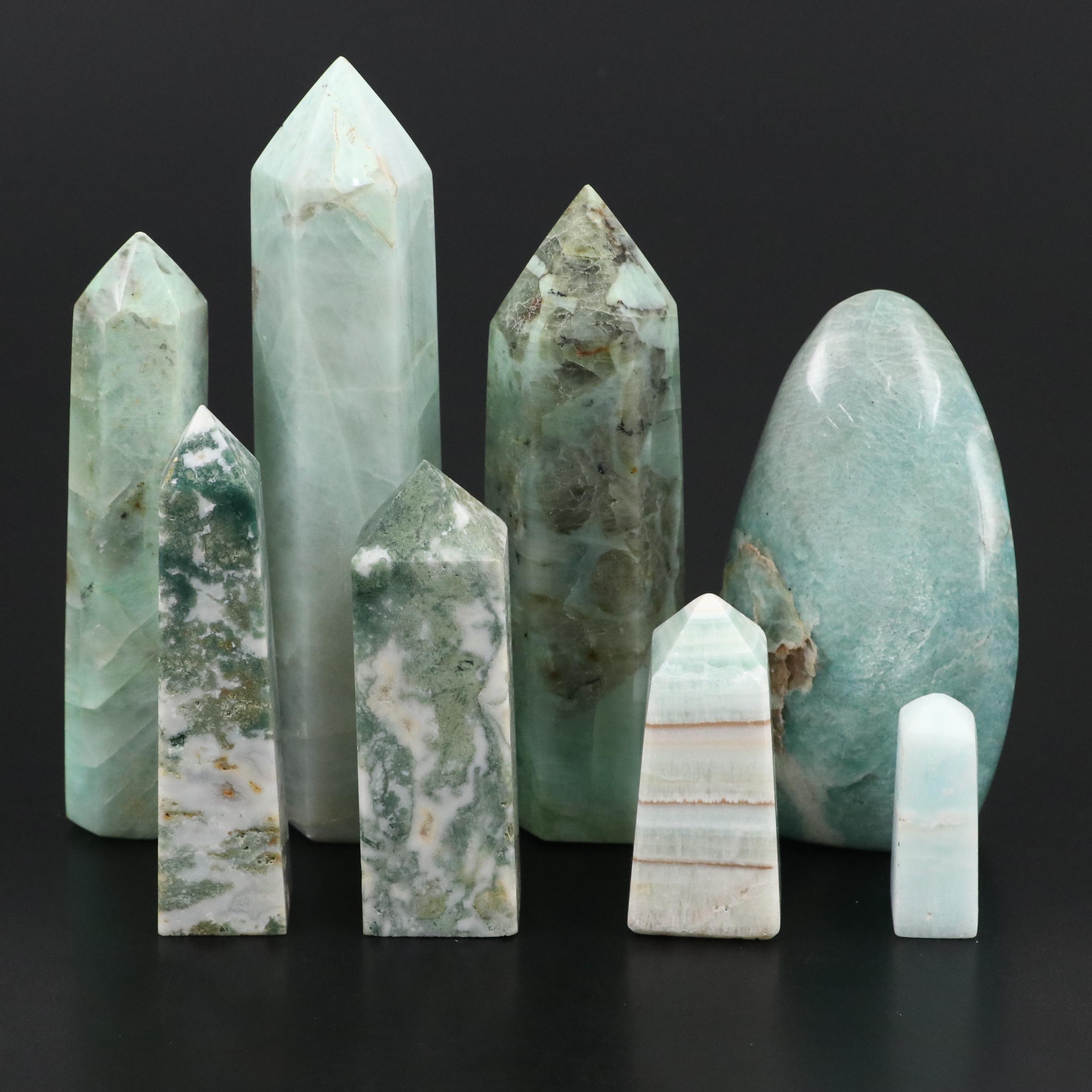 Amazonite, Tree Agate, Calcite Marble and Serpentine Obelisks w/. Polished Ovoid