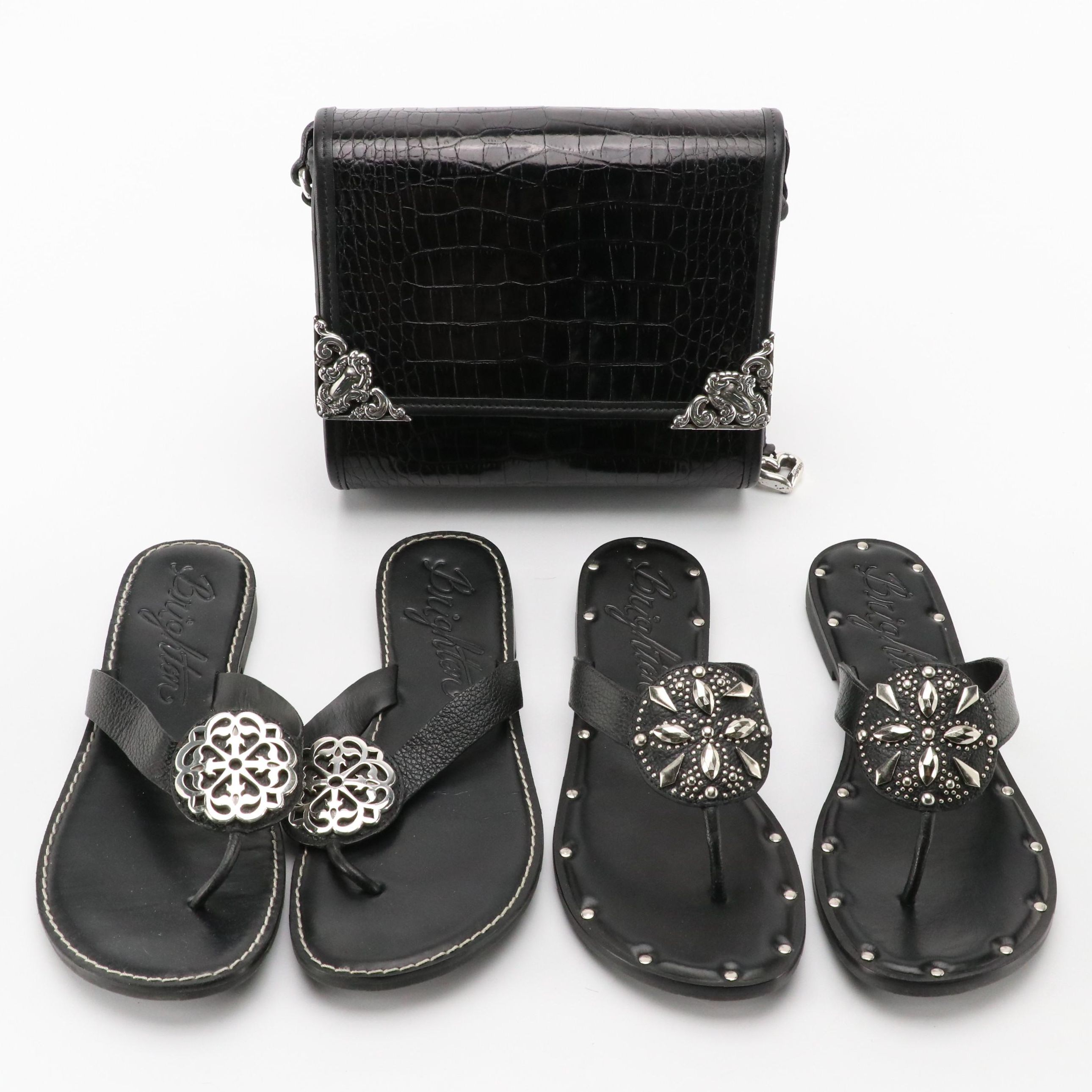 Brighton "Alice" & "Alanis" Flip-Flops with Croc Embossed Leather Crossbody Bag