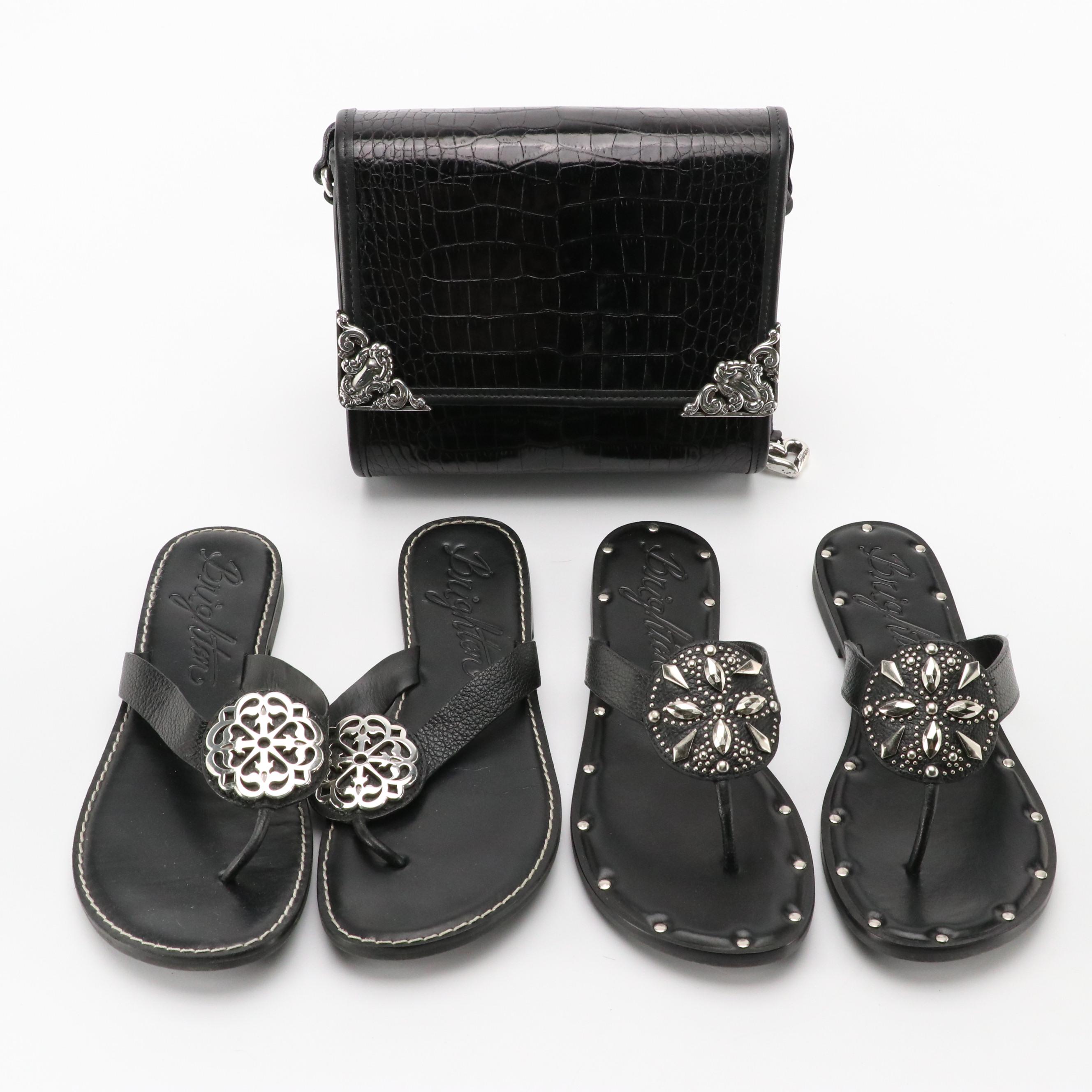 Brighton "Alice" & "Alanis" Flip-Flops with Croc Embossed Leather Crossbody Bag