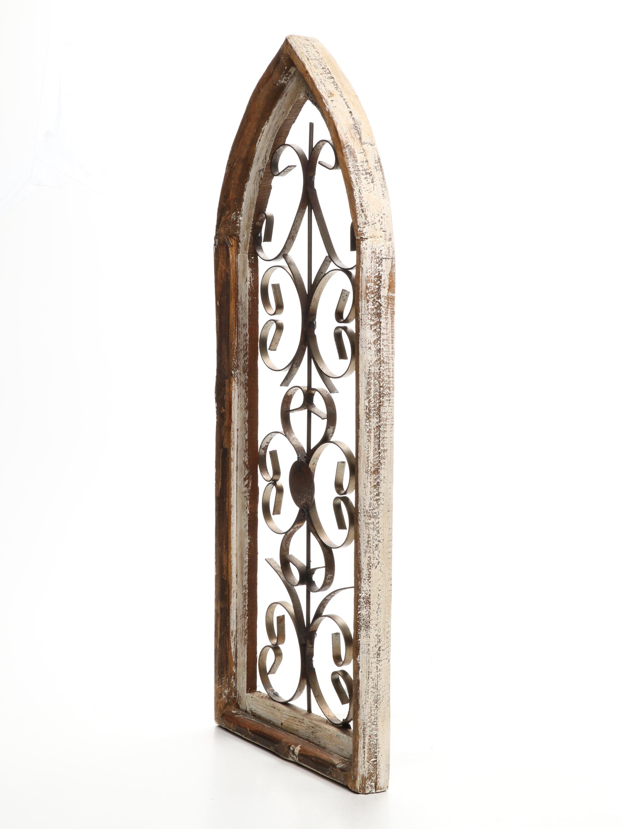 Gothic Style Wood and Scrolled Metal Arched Wall Plaque