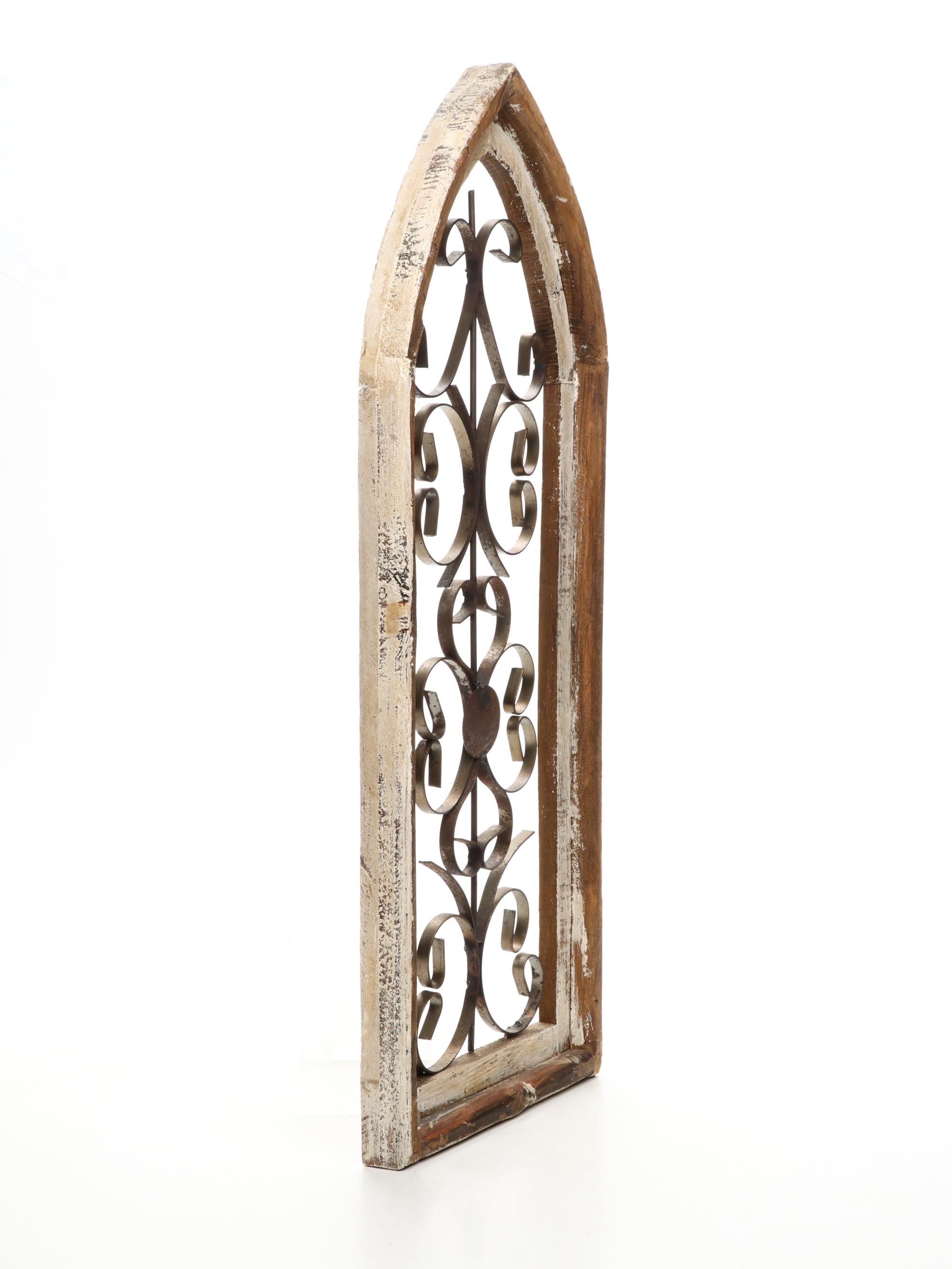 Gothic Style Wood and Scrolled Metal Arched Wall Plaque