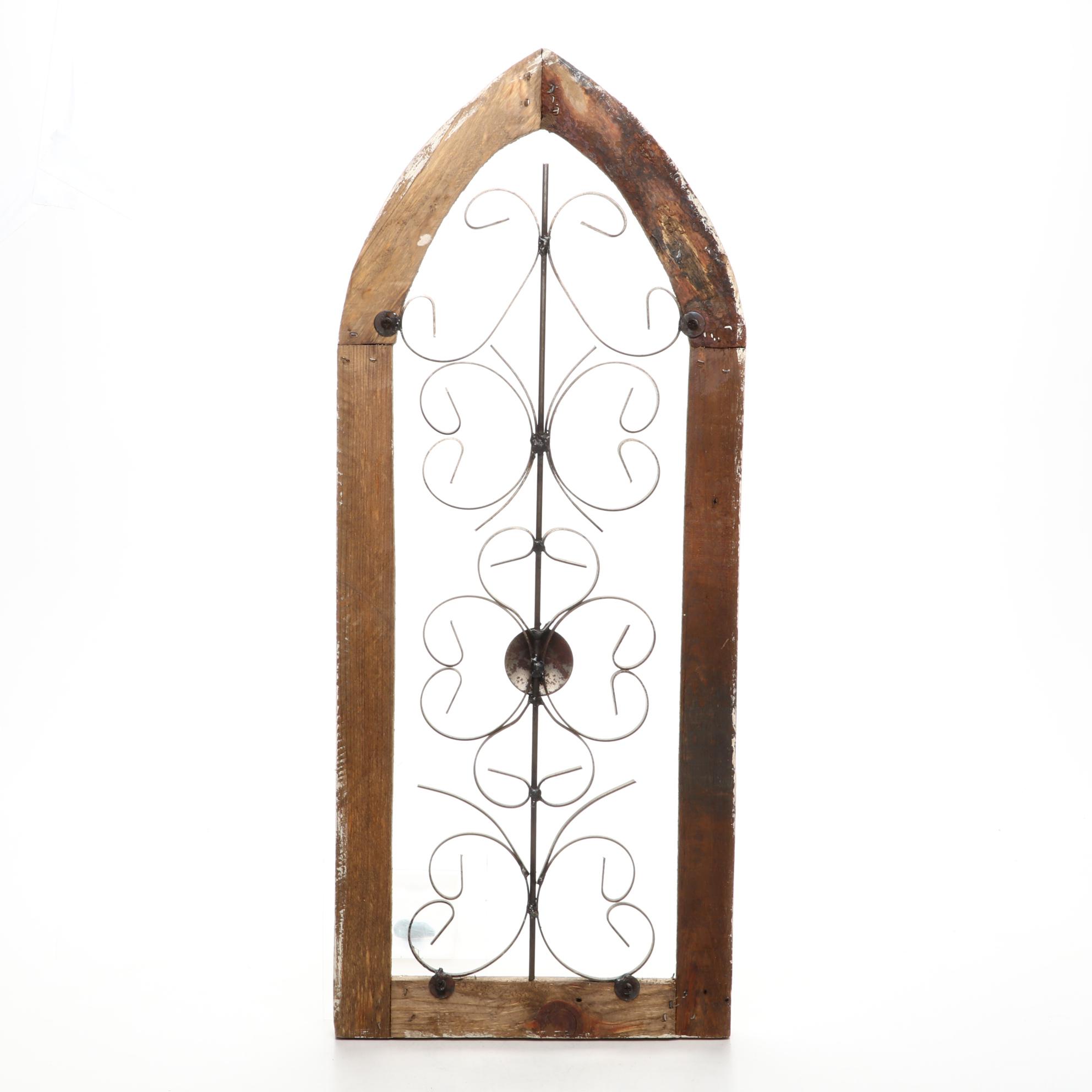 Gothic Style Wood and Scrolled Metal Arched Wall Plaque