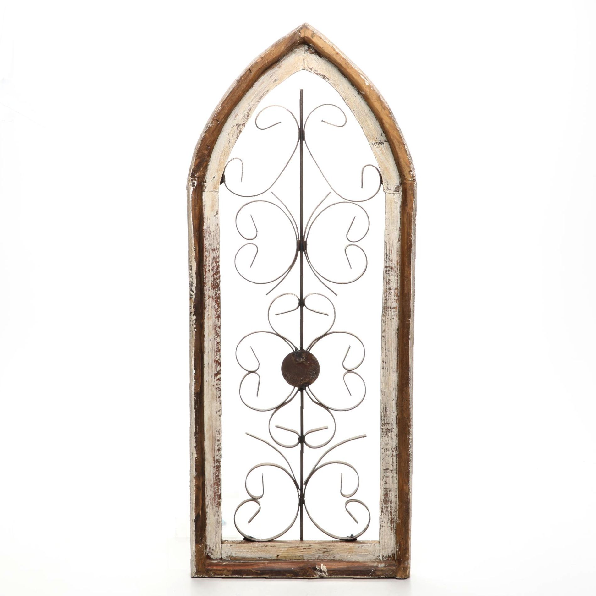 Gothic Style Wood and Scrolled Metal Arched Wall Plaque