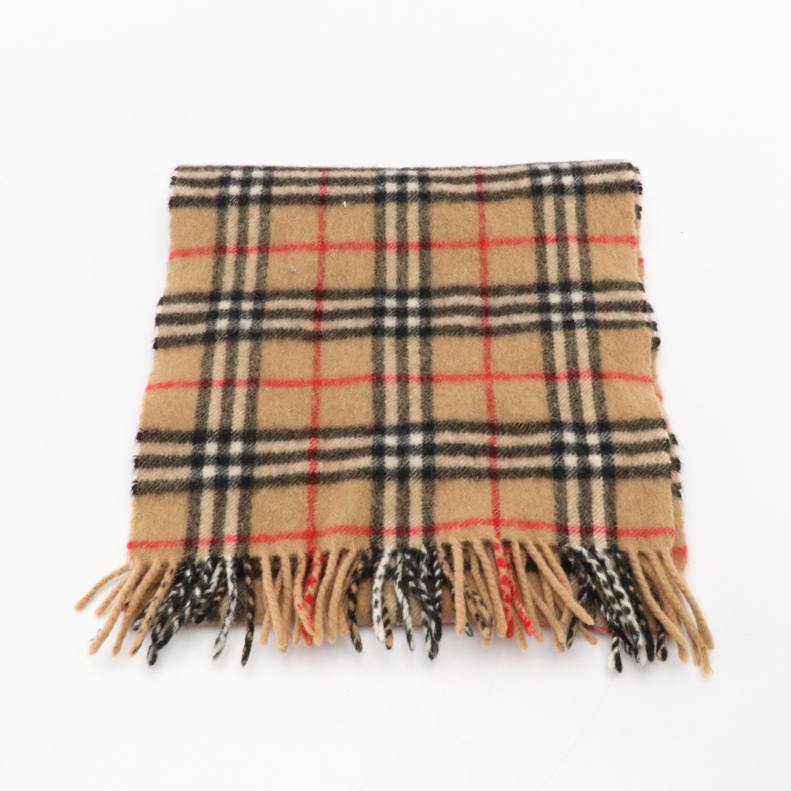 Burberrys Tan Check Fringe Scarf in Cashmere/Wool Blend