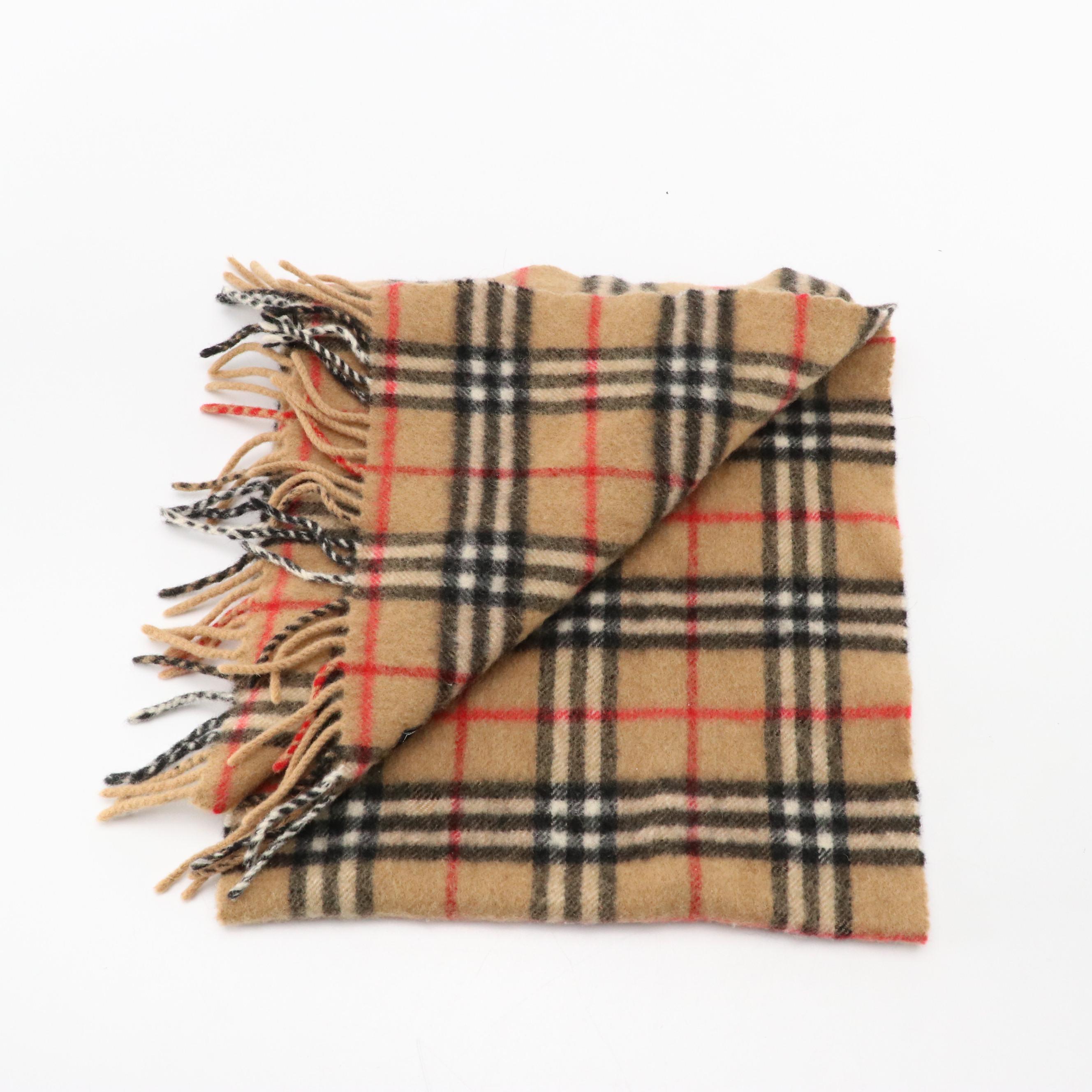 Burberrys Tan Check Fringe Scarf in Cashmere/Wool Blend