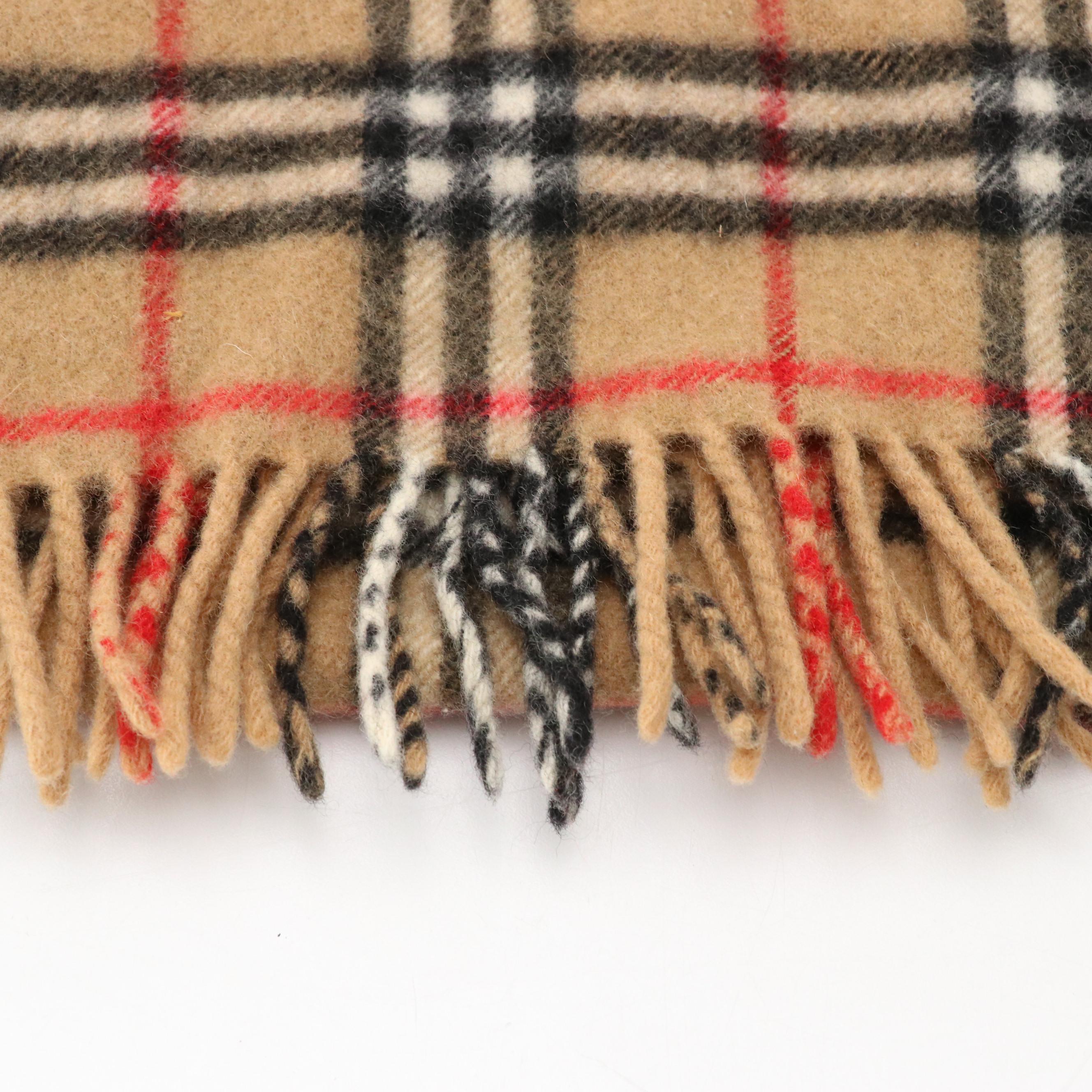 Burberrys Tan Check Fringe Scarf in Cashmere/Wool Blend