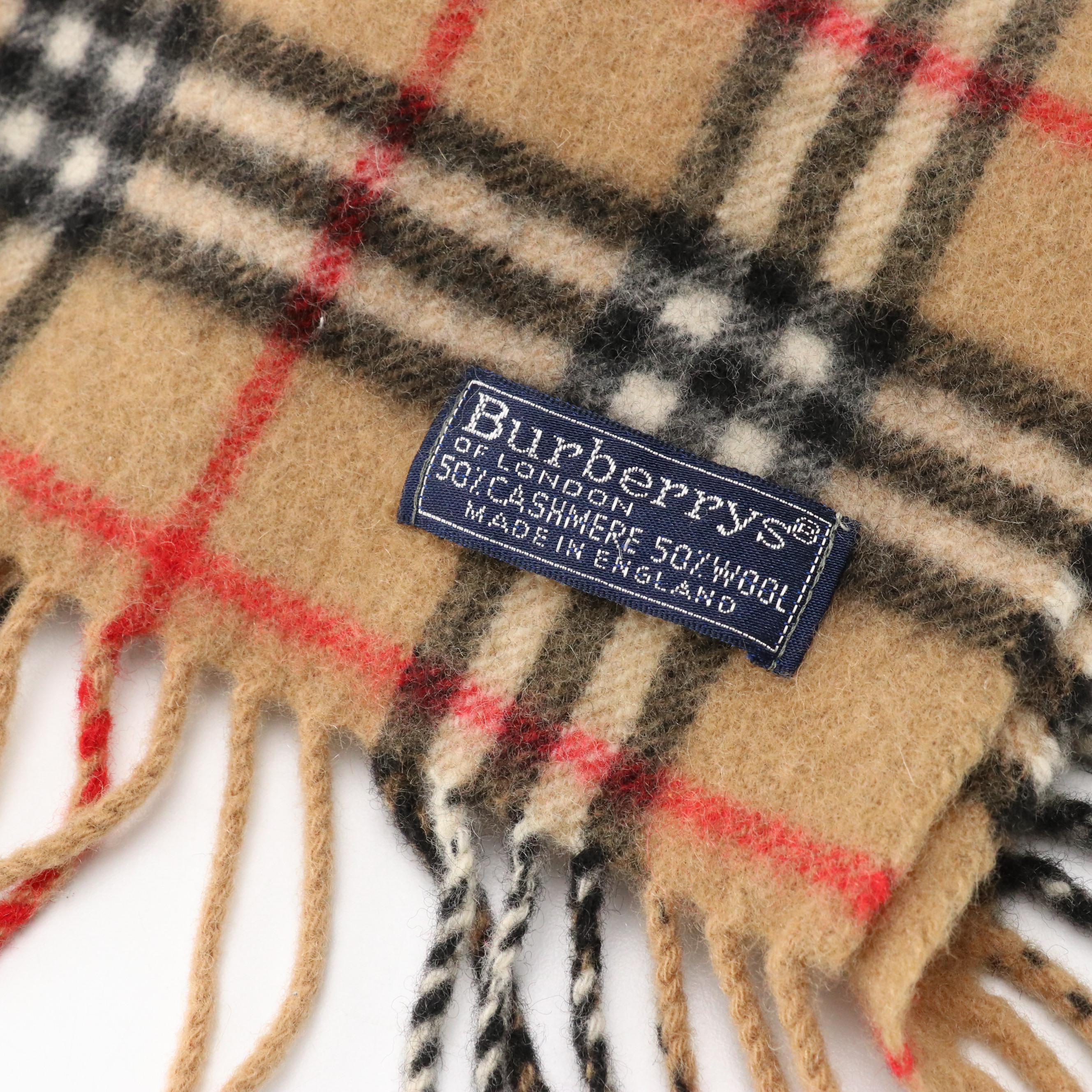 Burberrys Tan Check Fringe Scarf in Cashmere/Wool Blend