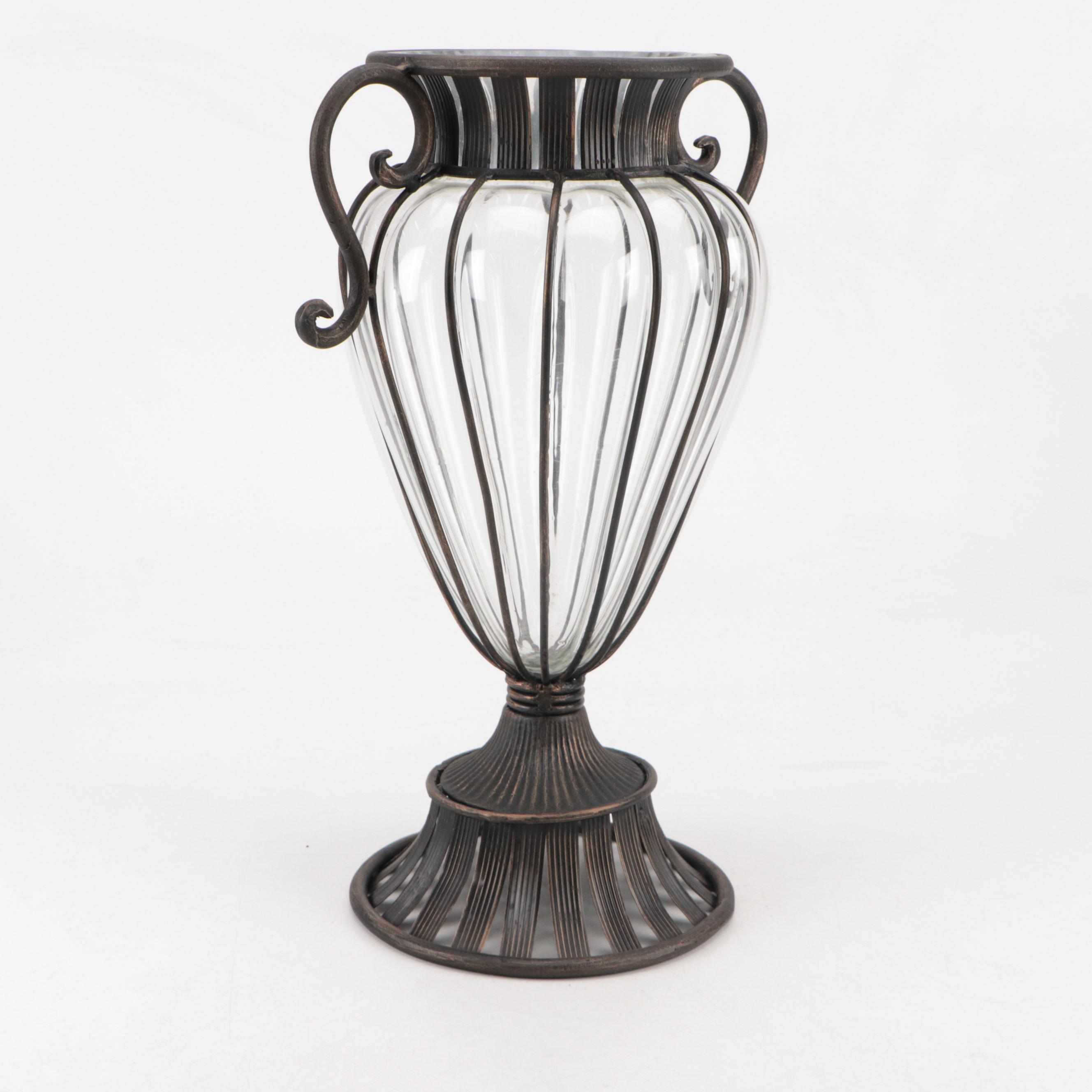 Glass Vase in Scrolled Wrought Iron Case