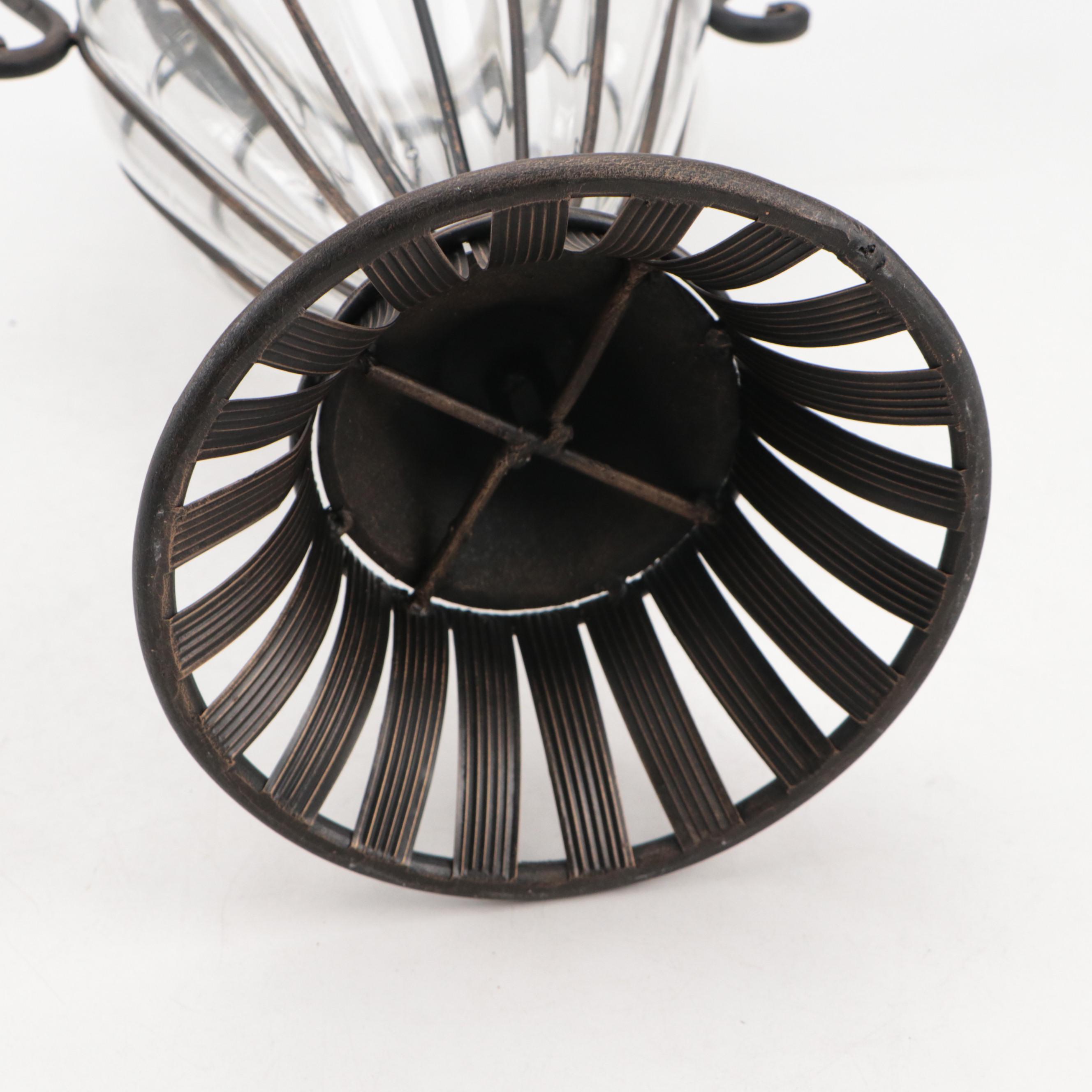 Glass Vase in Scrolled Wrought Iron Case