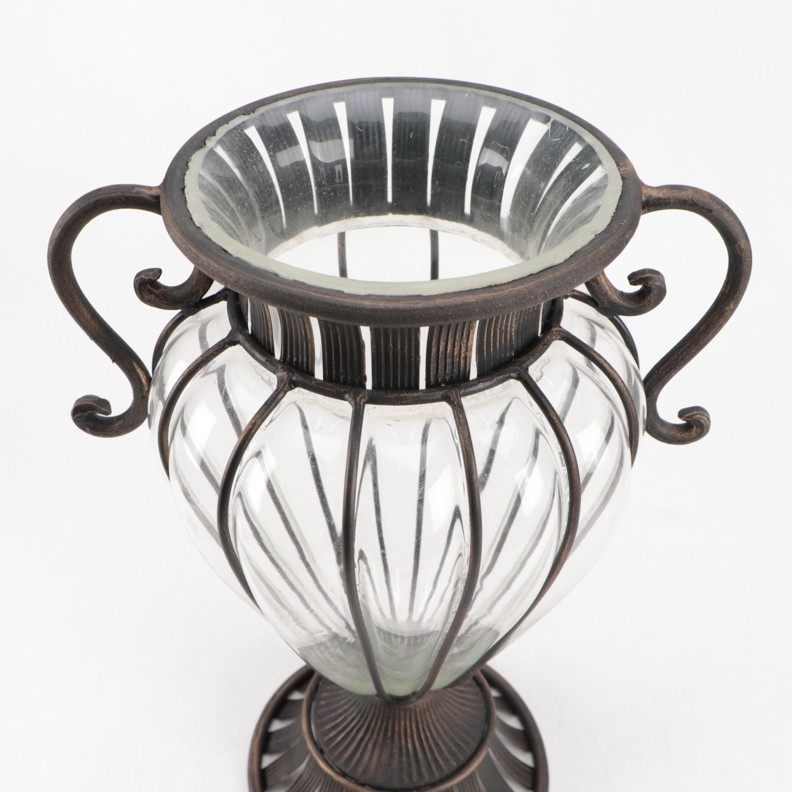 Glass Vase in Scrolled Wrought Iron Case