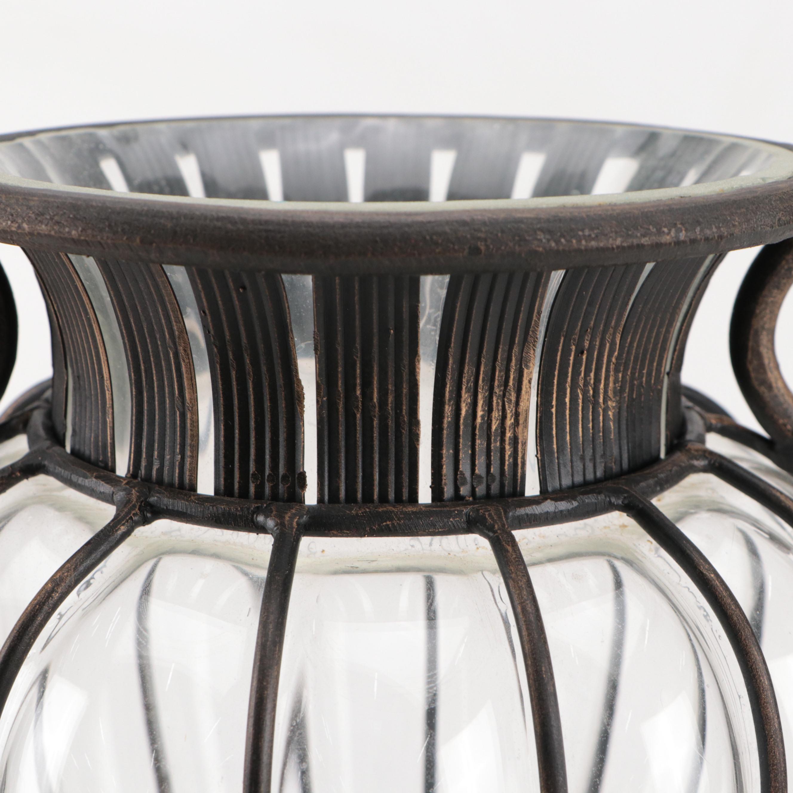 Glass Vase in Scrolled Wrought Iron Case