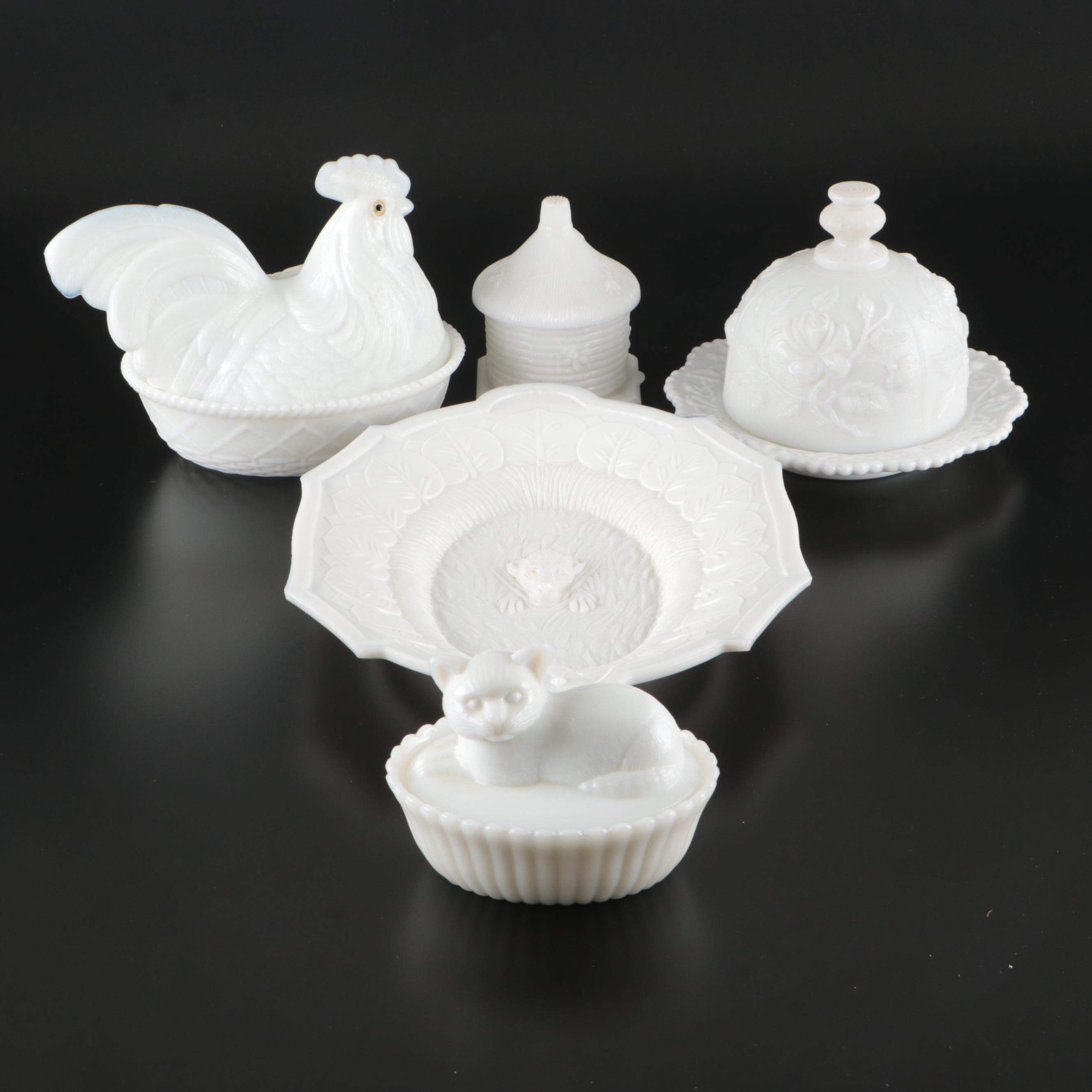 Atterbury Glass Retriever Tray with EAPG and Other Milk Glass Décor