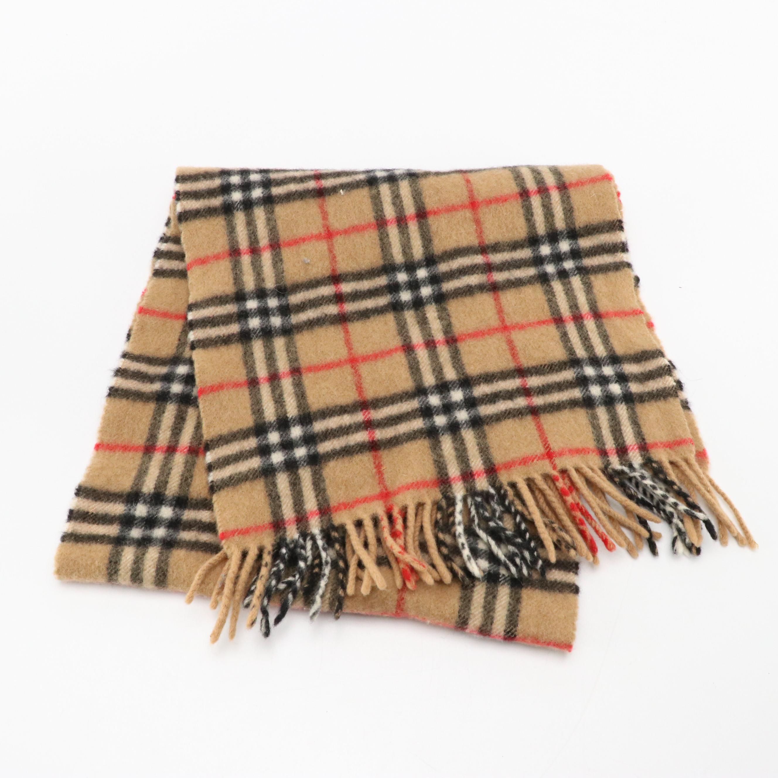 Burberrys Tan Check Fringe Scarf in Cashmere/Wool Blend