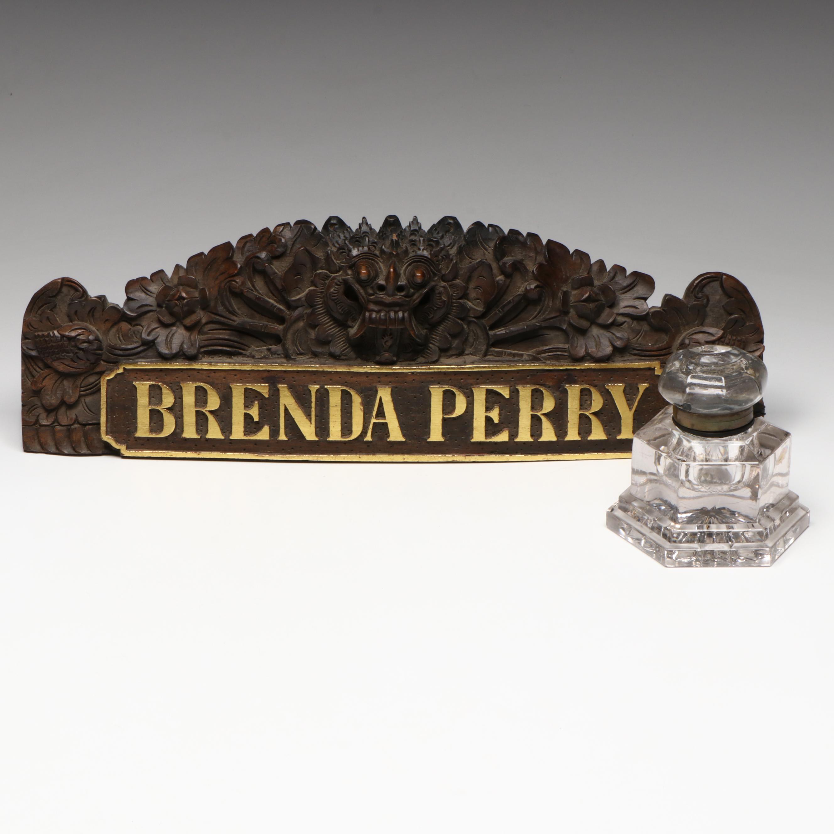 Footed Crystal Inkwell with Hand-Carved Desk Sign