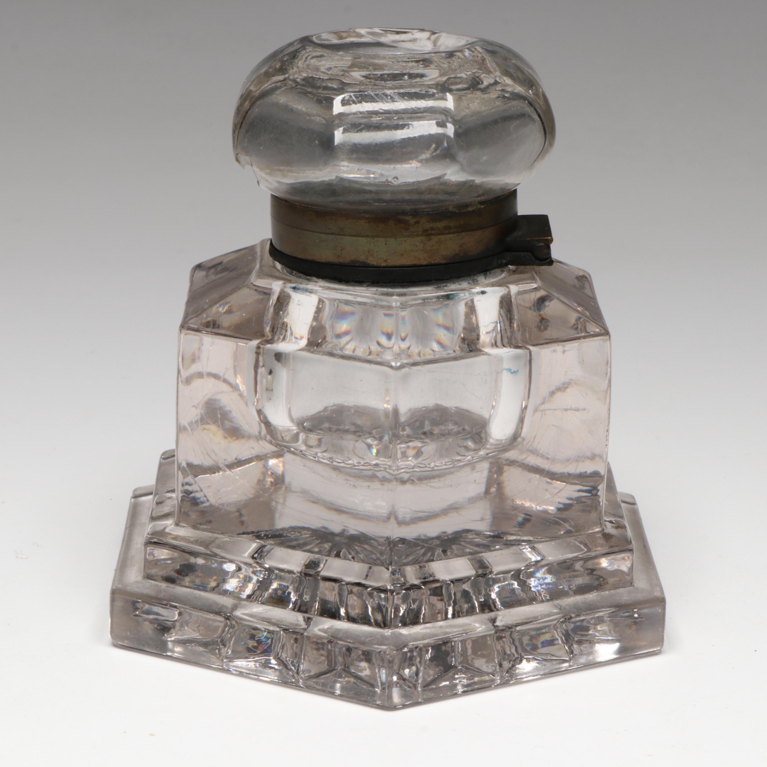Footed Crystal Inkwell with Hand-Carved Desk Sign