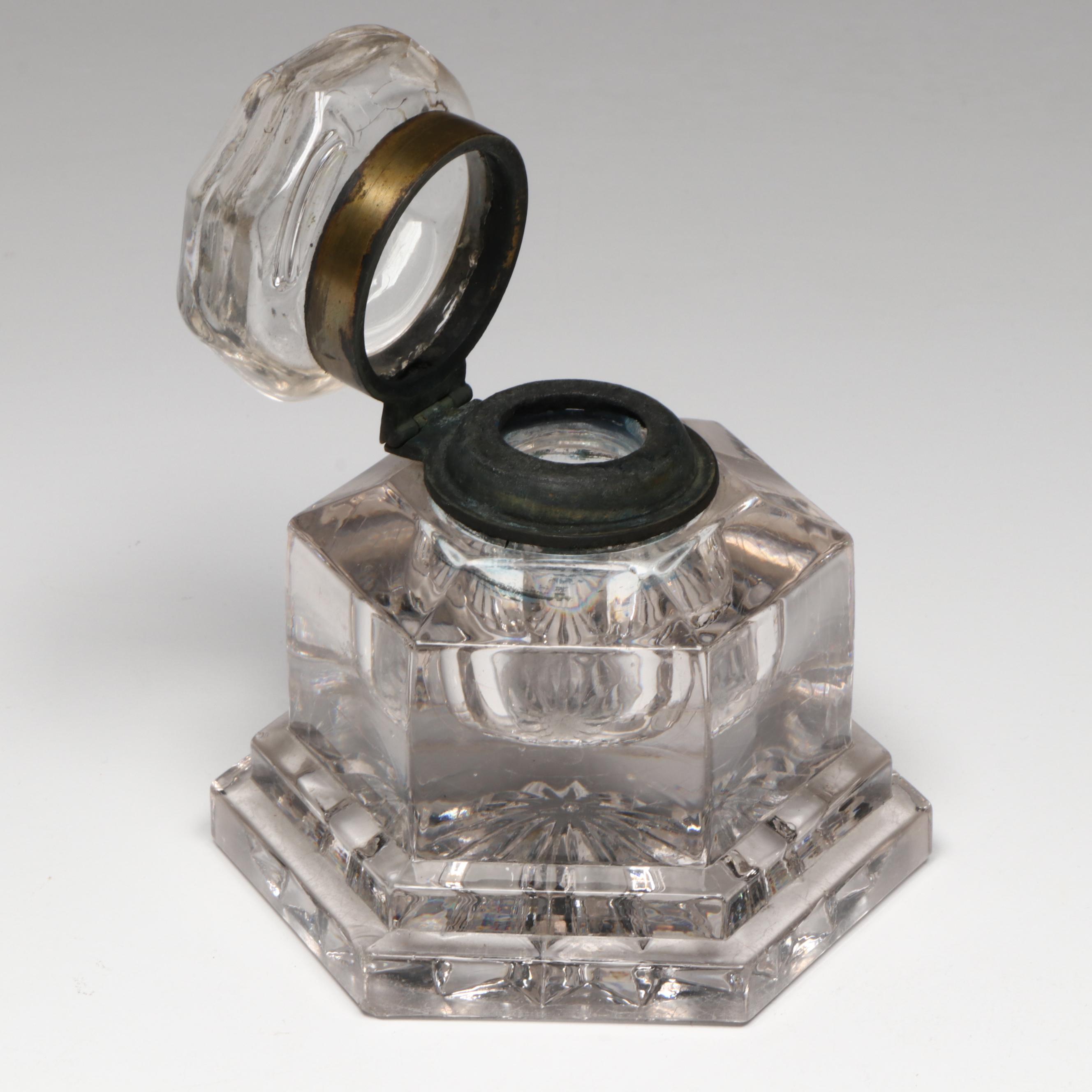 Footed Crystal Inkwell with Hand-Carved Desk Sign