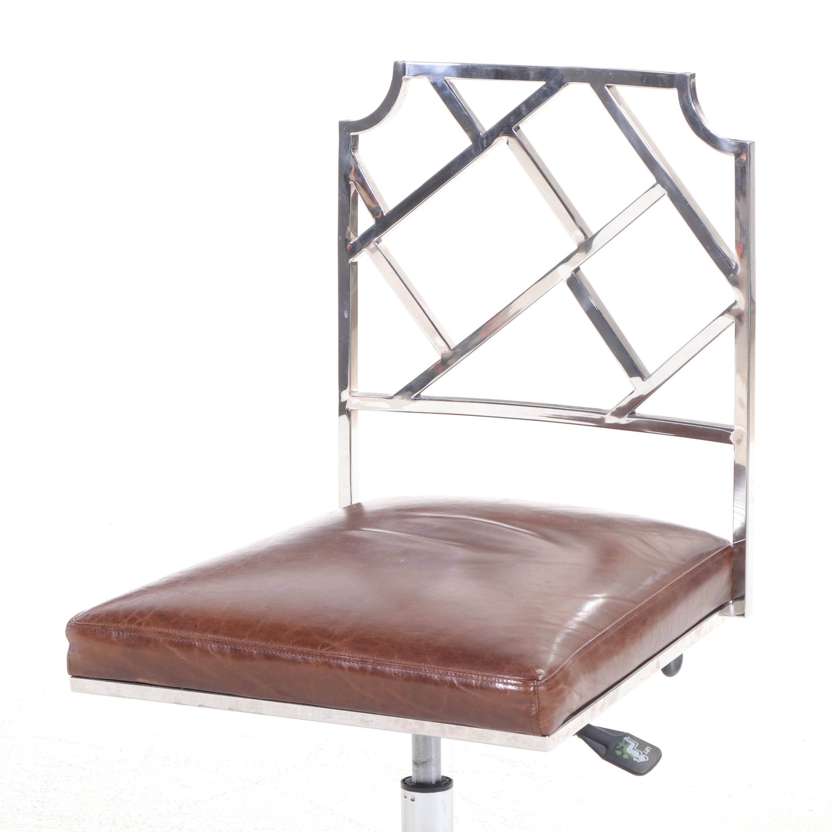 Ballard Designs "Soko" Chrome and Leather Adjustable-Height Swivel Desk Chair