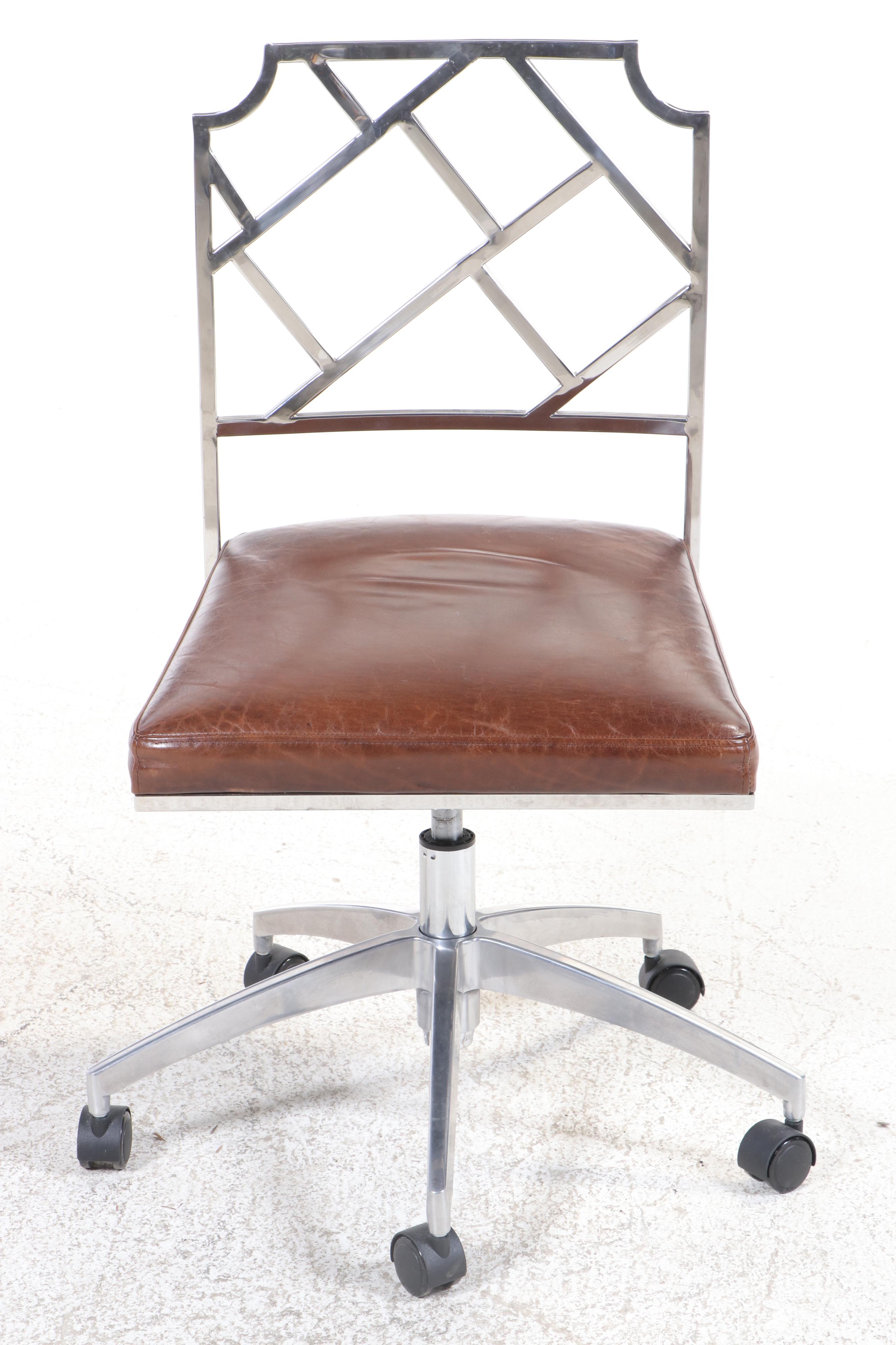 Ballard Designs "Soko" Chrome and Leather Adjustable-Height Swivel Desk Chair