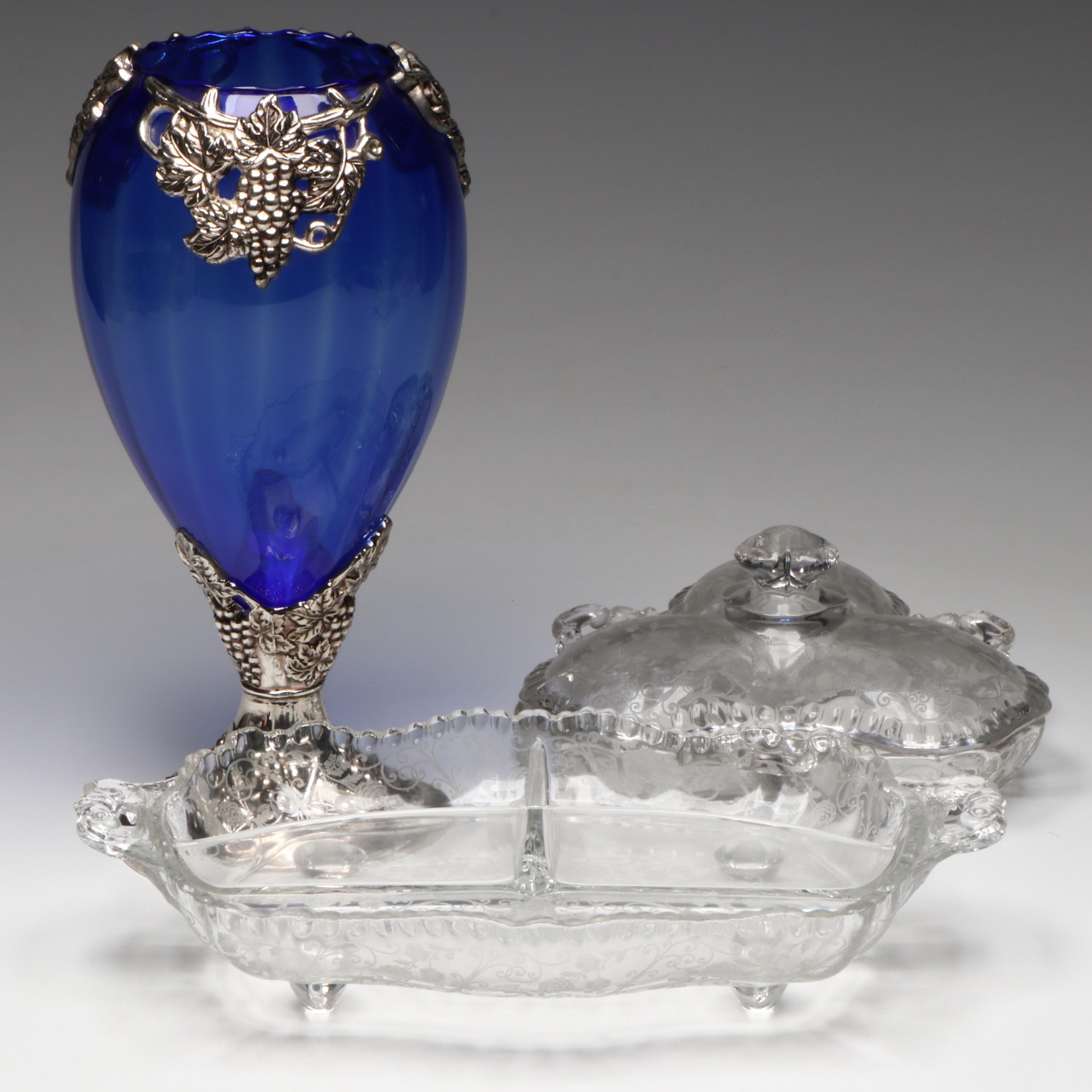 Cambridge "Rose Point" Divided Serving Dishes with Metal and Cobalt Glass Vase