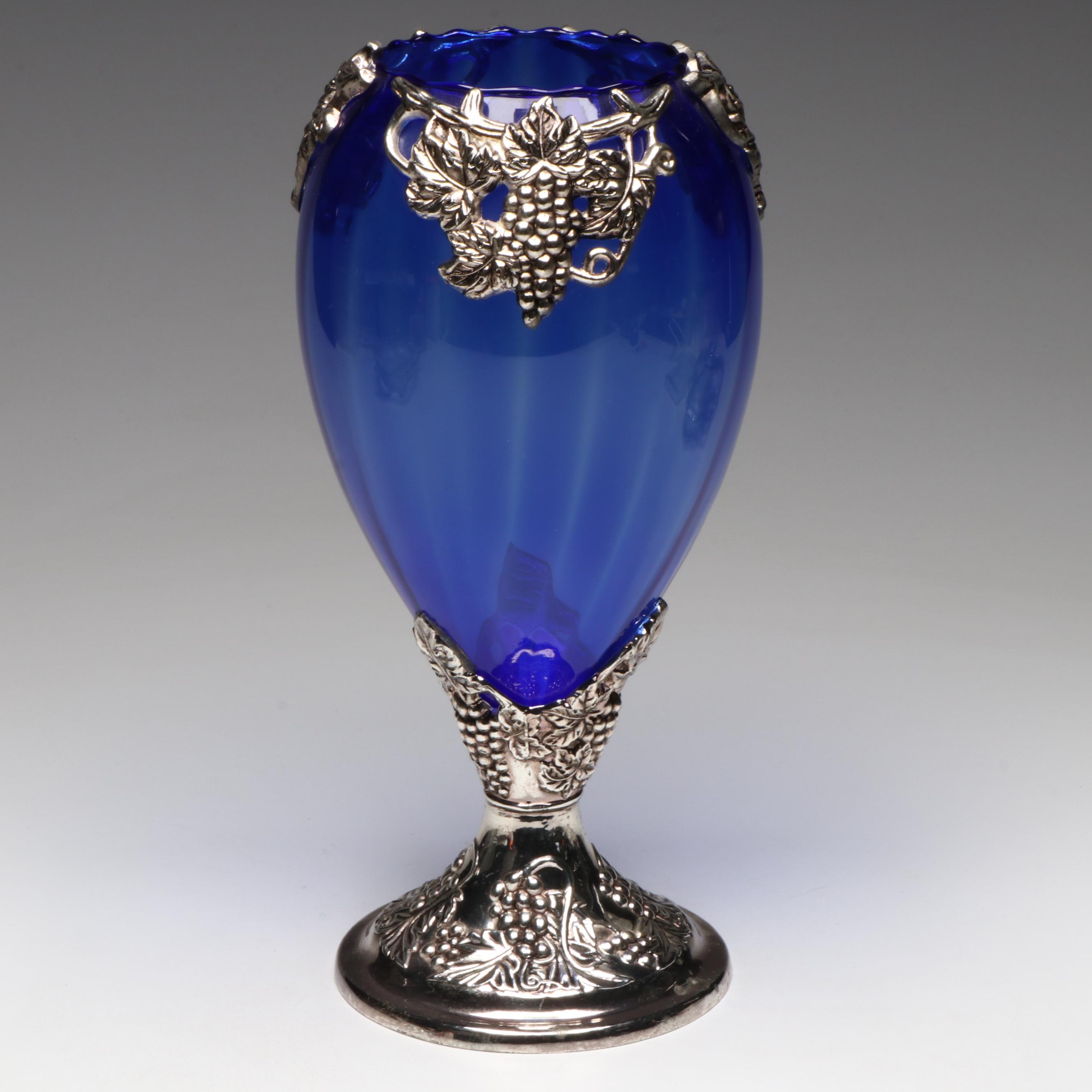 Cambridge "Rose Point" Divided Serving Dishes with Metal and Cobalt Glass Vase