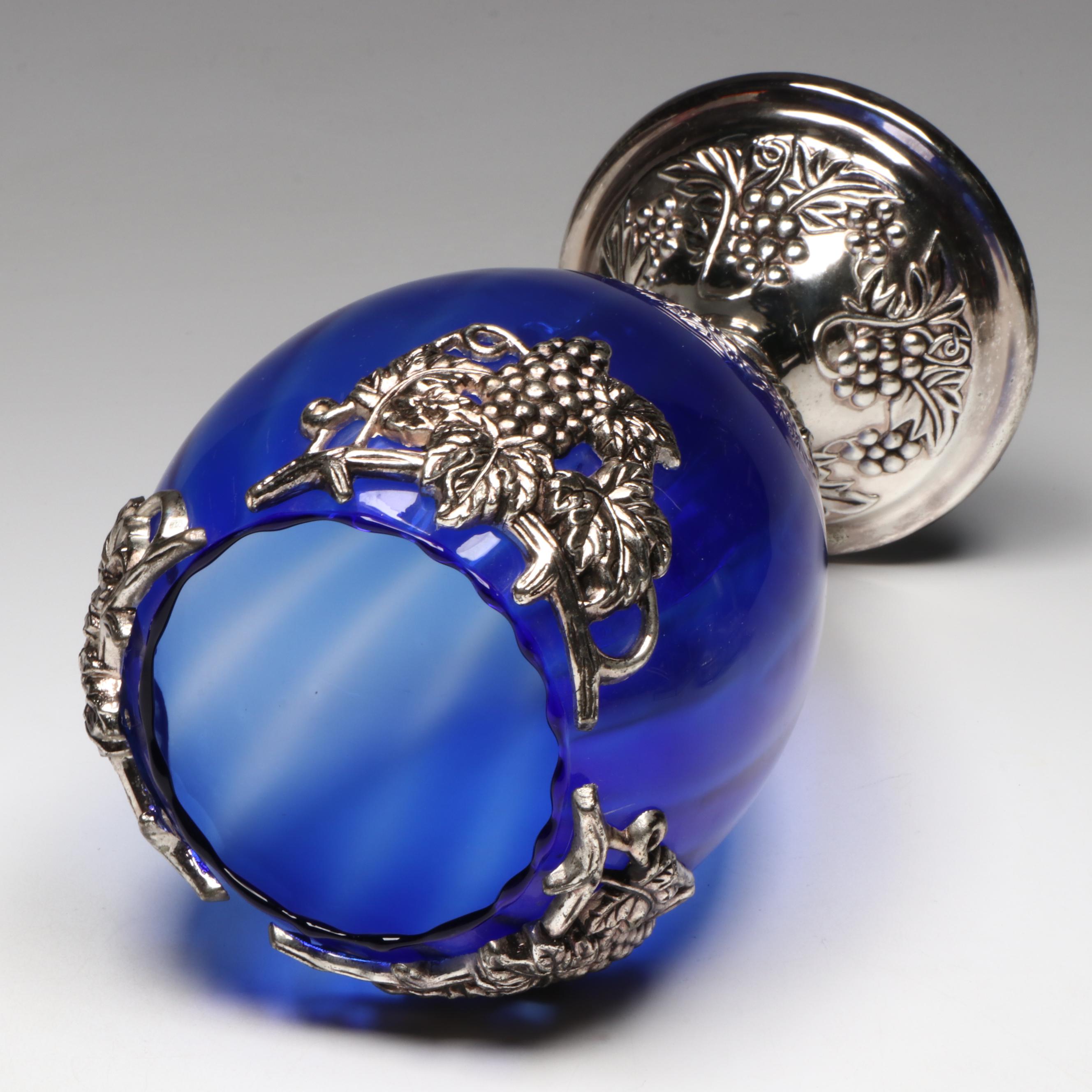 Cambridge "Rose Point" Divided Serving Dishes with Metal and Cobalt Glass Vase