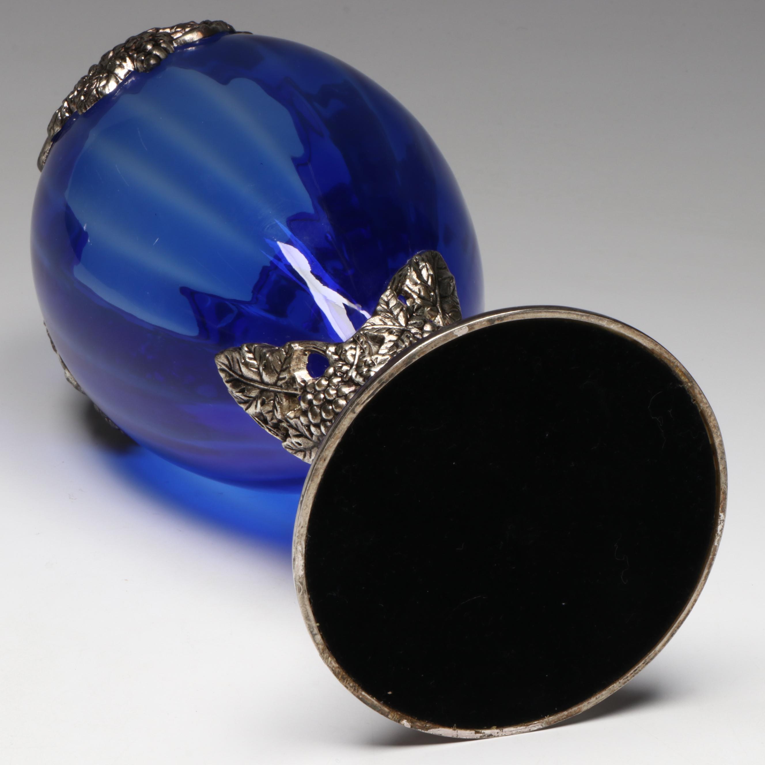 Cambridge "Rose Point" Divided Serving Dishes with Metal and Cobalt Glass Vase