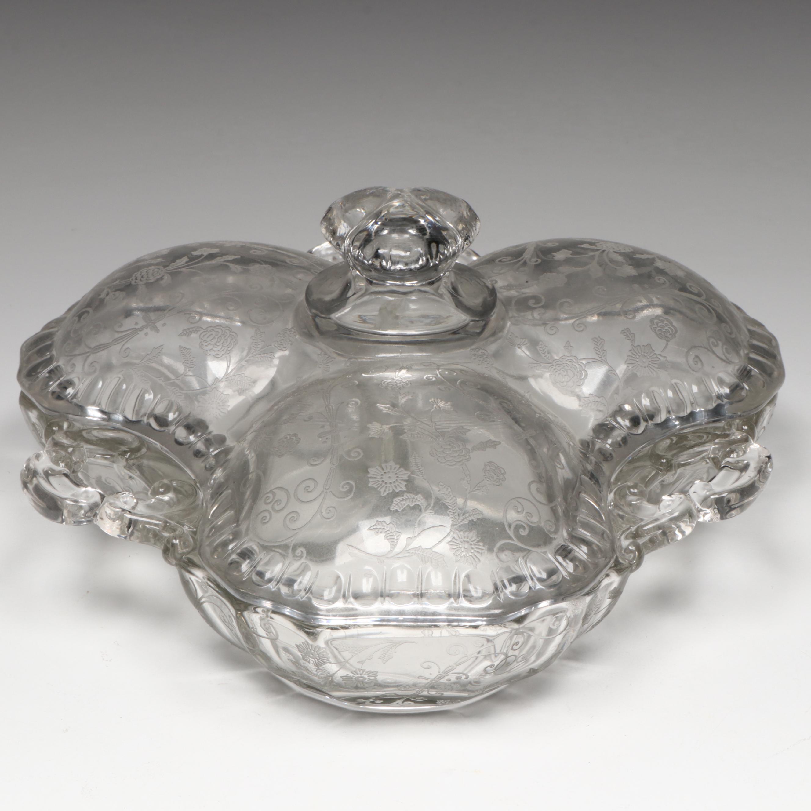 Cambridge "Rose Point" Divided Serving Dishes with Metal and Cobalt Glass Vase