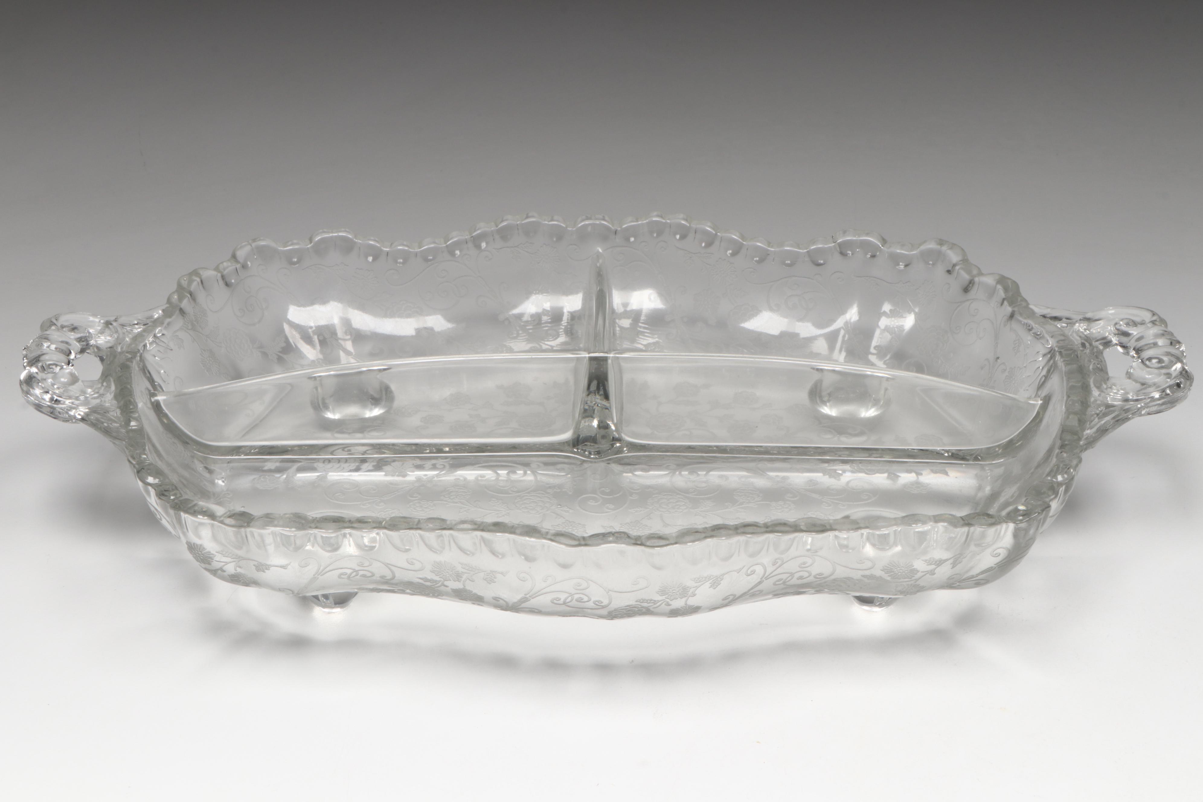 Cambridge "Rose Point" Divided Serving Dishes with Metal and Cobalt Glass Vase