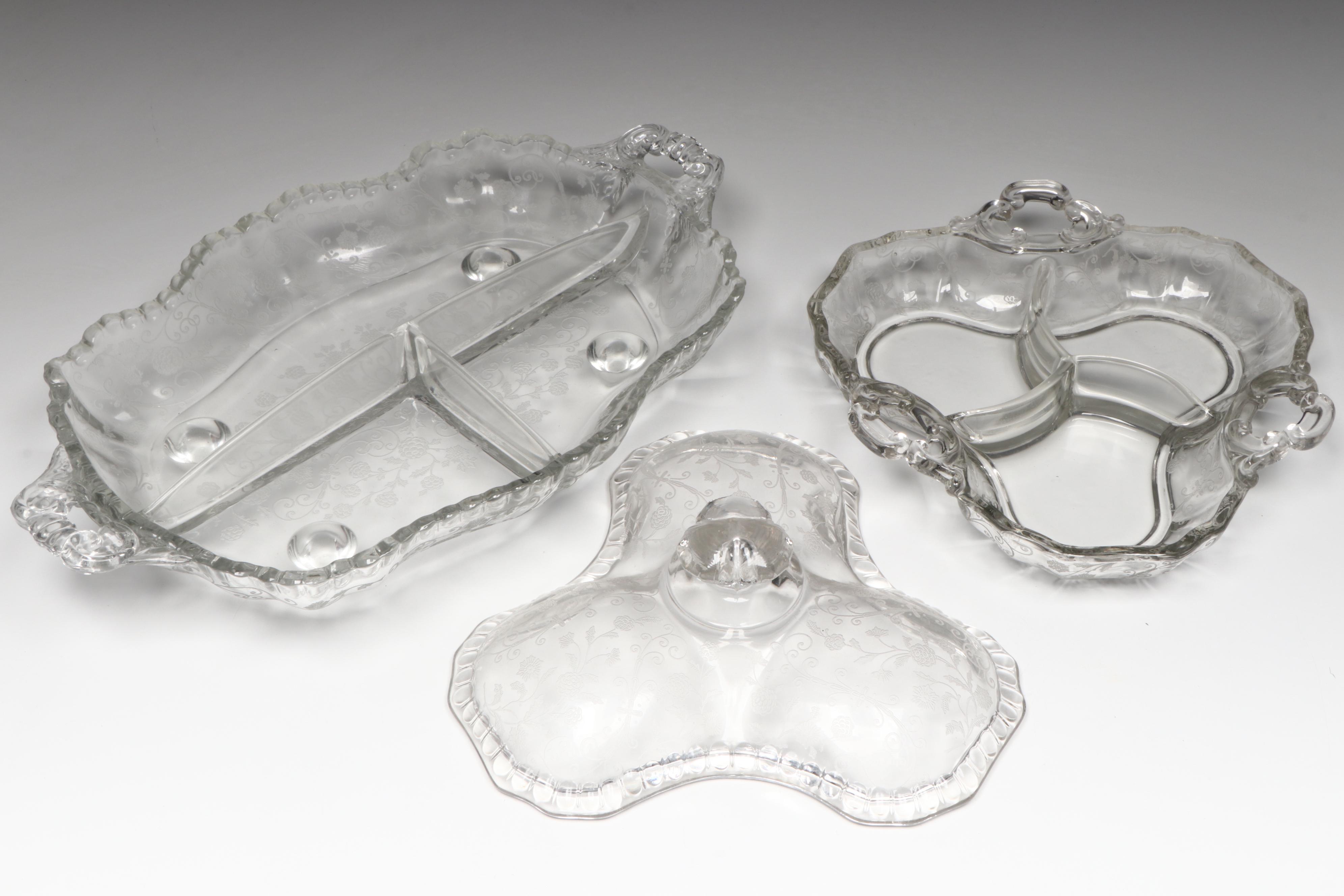 Cambridge "Rose Point" Divided Serving Dishes with Metal and Cobalt Glass Vase