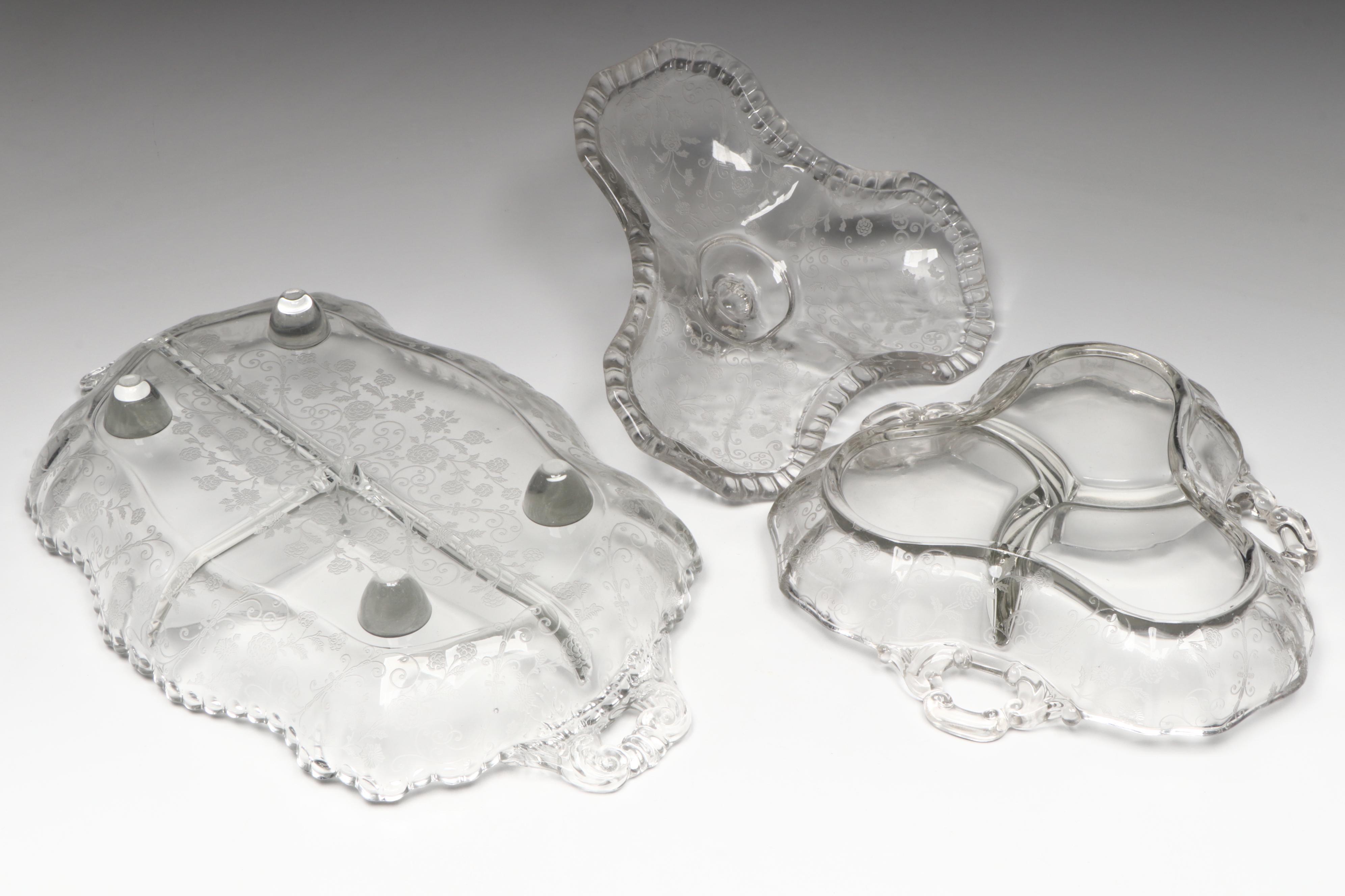 Cambridge "Rose Point" Divided Serving Dishes with Metal and Cobalt Glass Vase