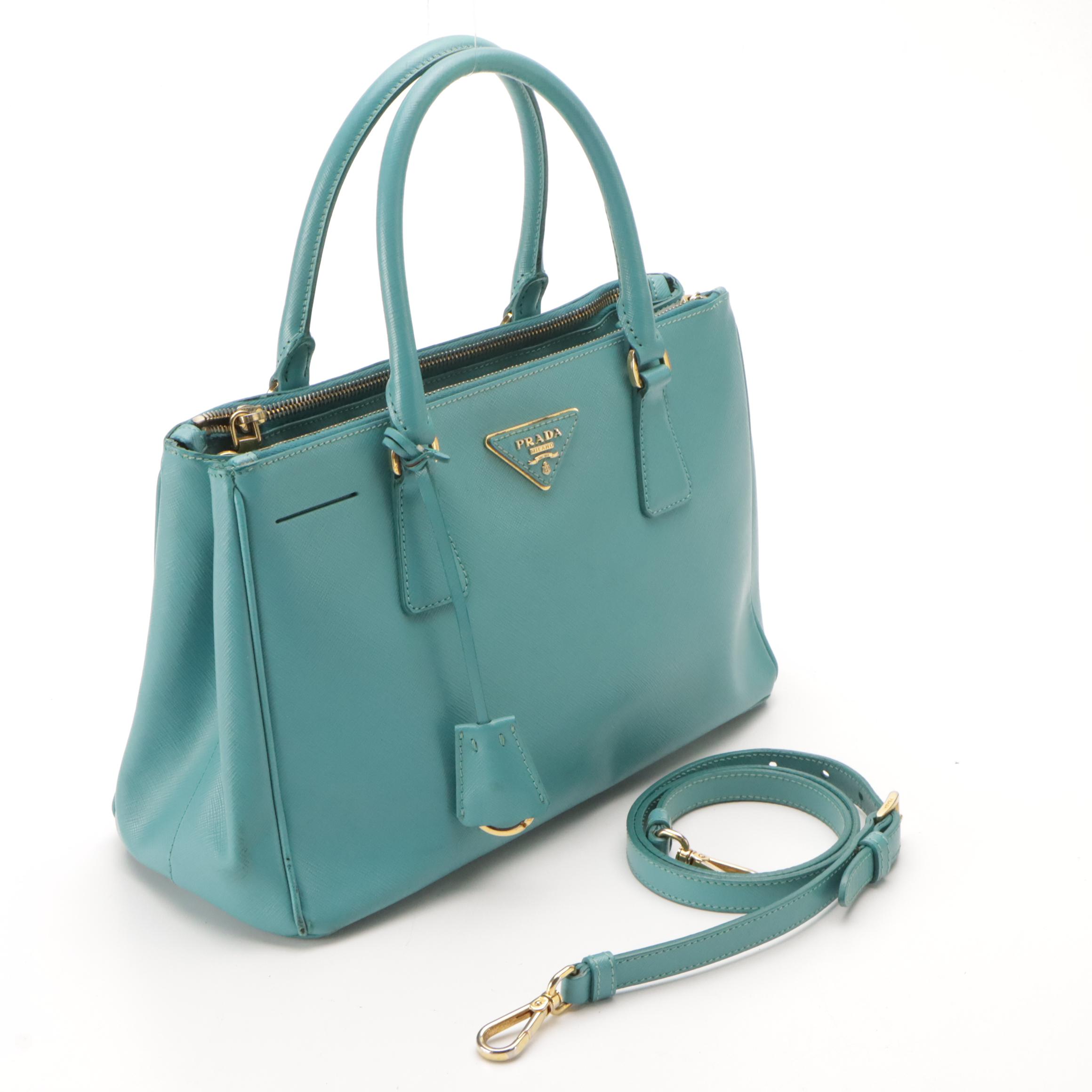 Prada Medium Galleria Double Zip Two-Way Bag in Blue Saffiano Lux Leather