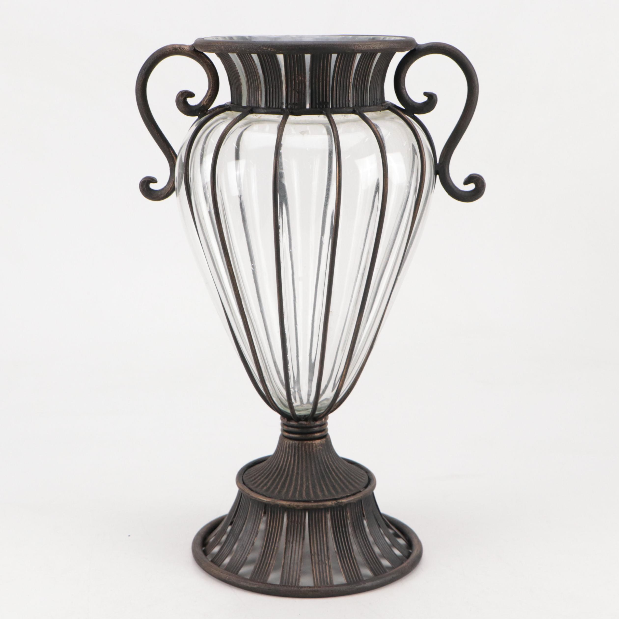 Glass Vase in Scrolled Wrought Iron Case