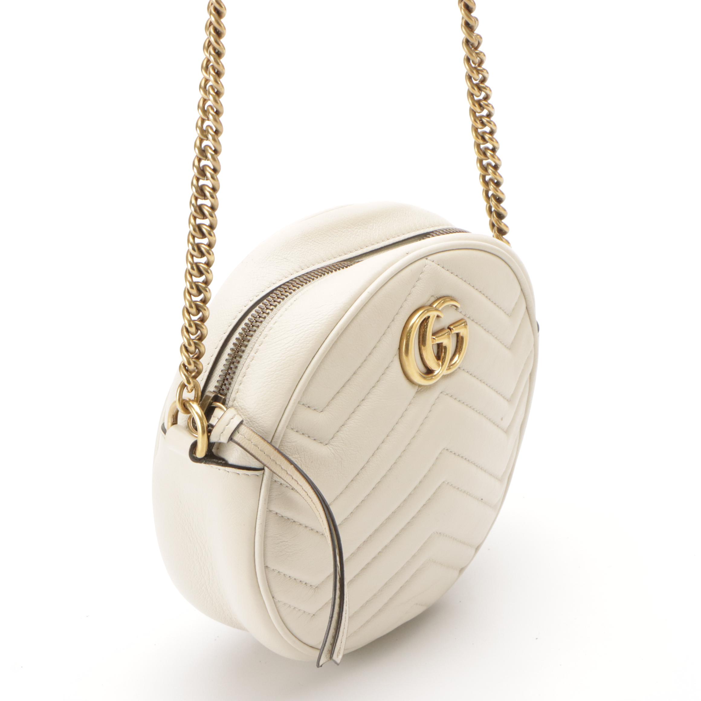 Gucci GG Marmont Round Mini Bag in Off-White Matelassé Leather