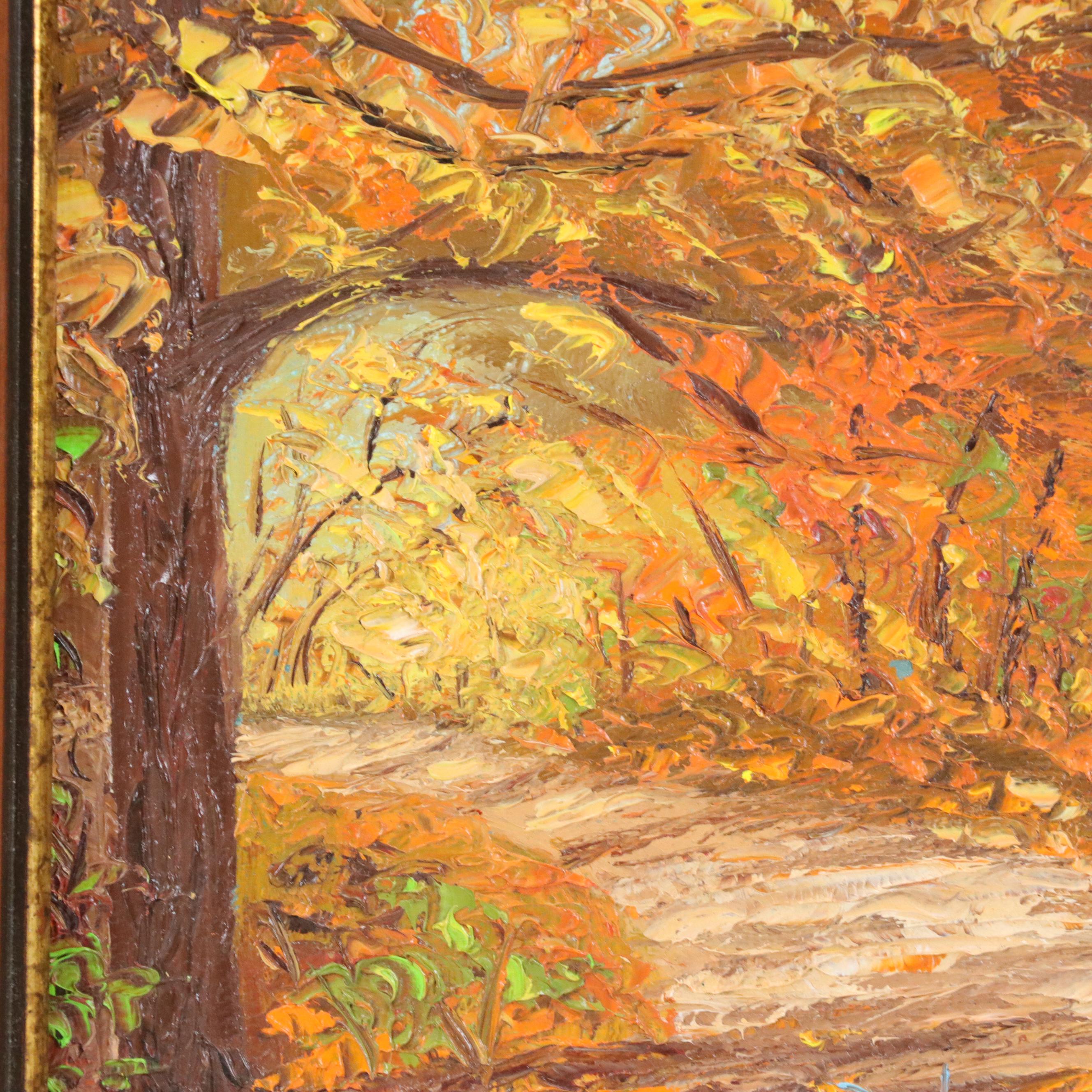 Jeanne Moluang Miniature Landscape Oil Painting "Road in Fall," 1980