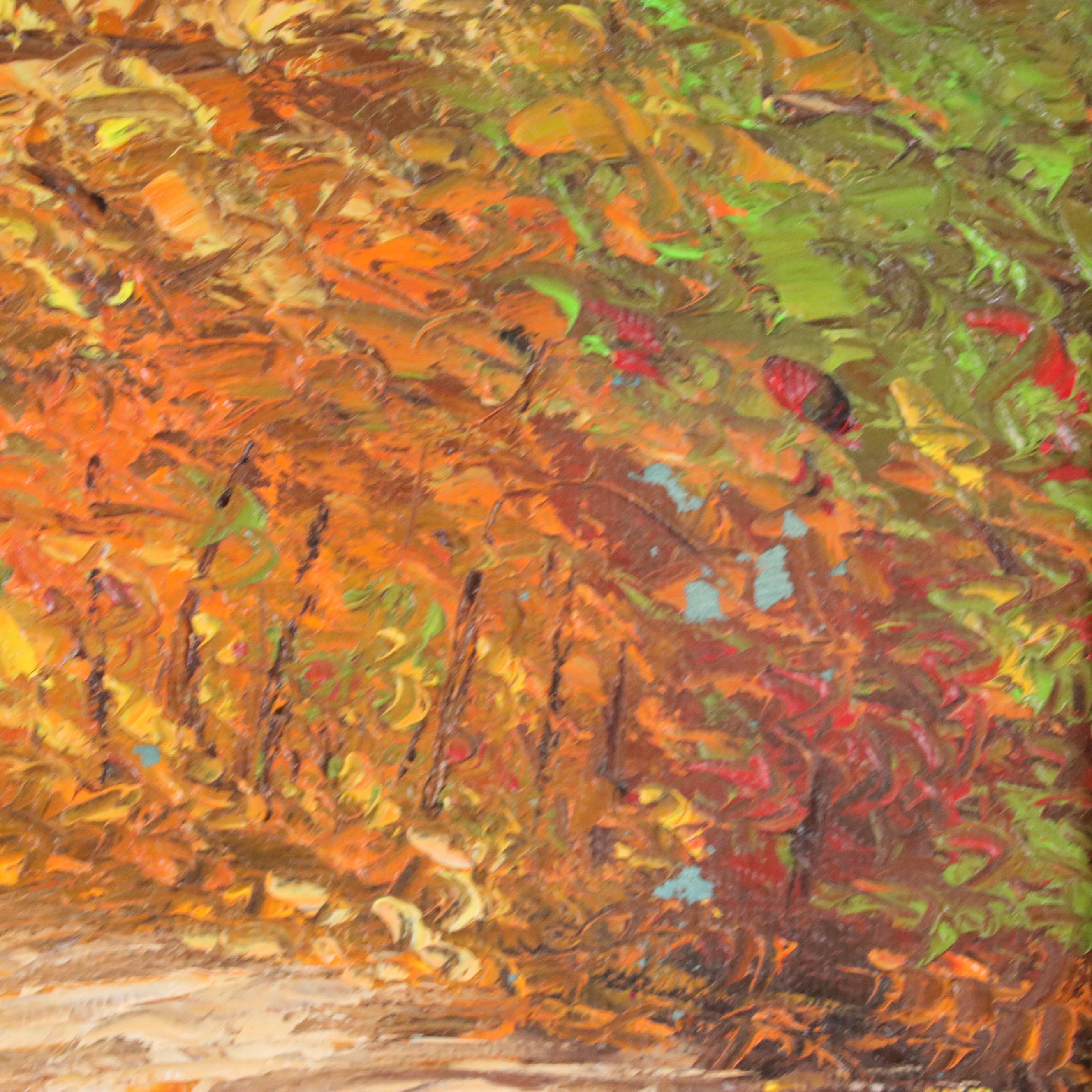 Jeanne Moluang Miniature Landscape Oil Painting "Road in Fall," 1980