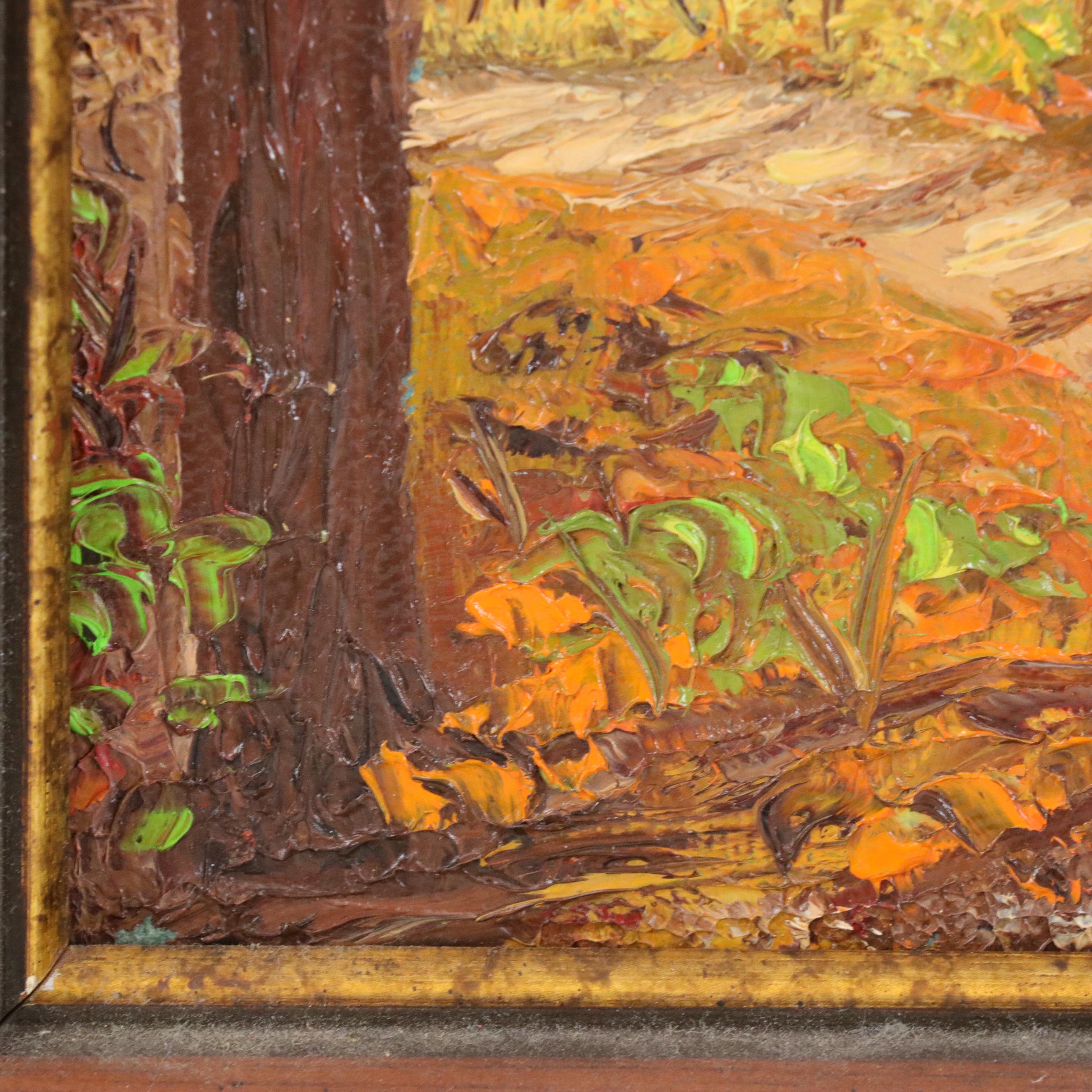 Jeanne Moluang Miniature Landscape Oil Painting "Road in Fall," 1980