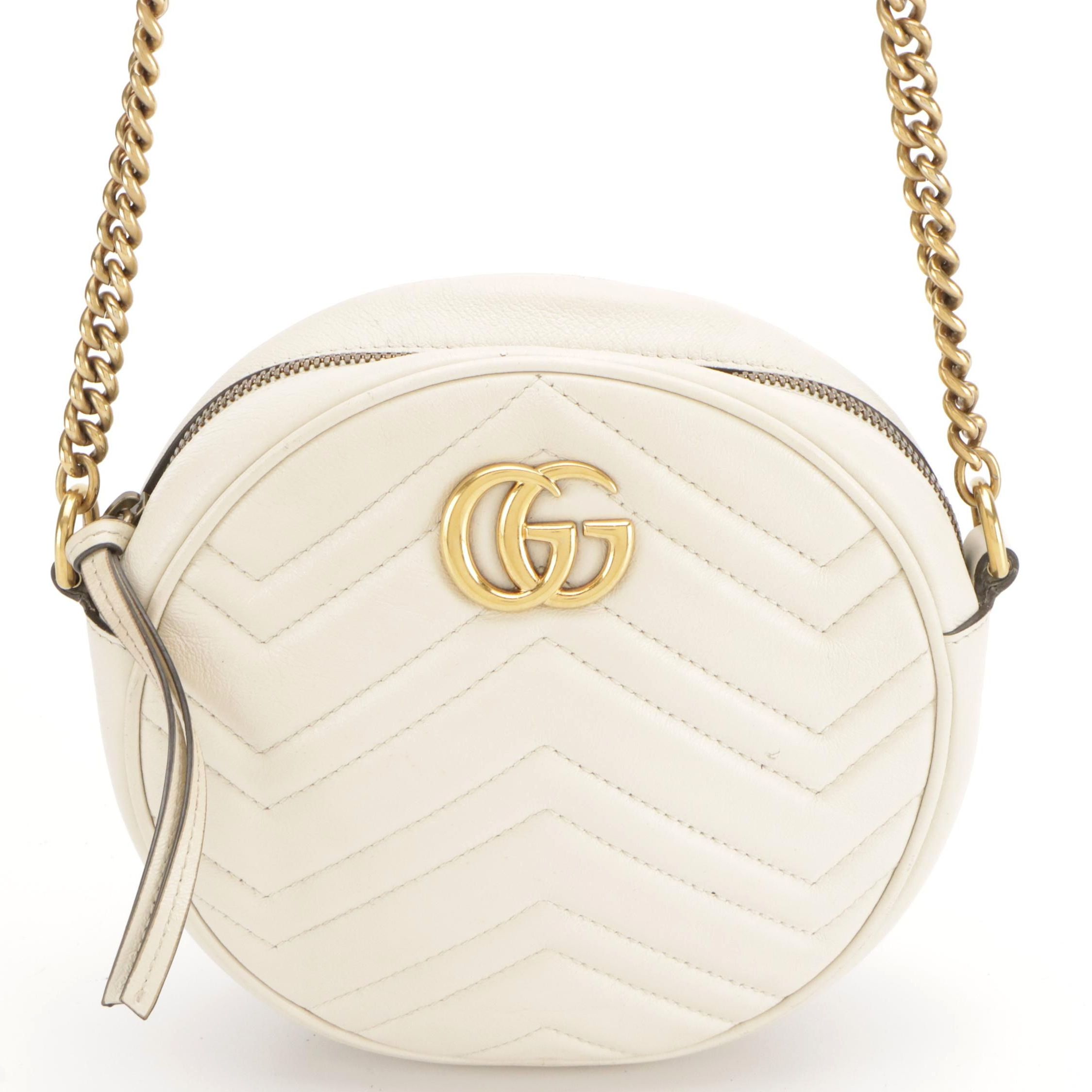 Gucci GG Marmont Round Mini Bag in Off-White Matelassé Leather
