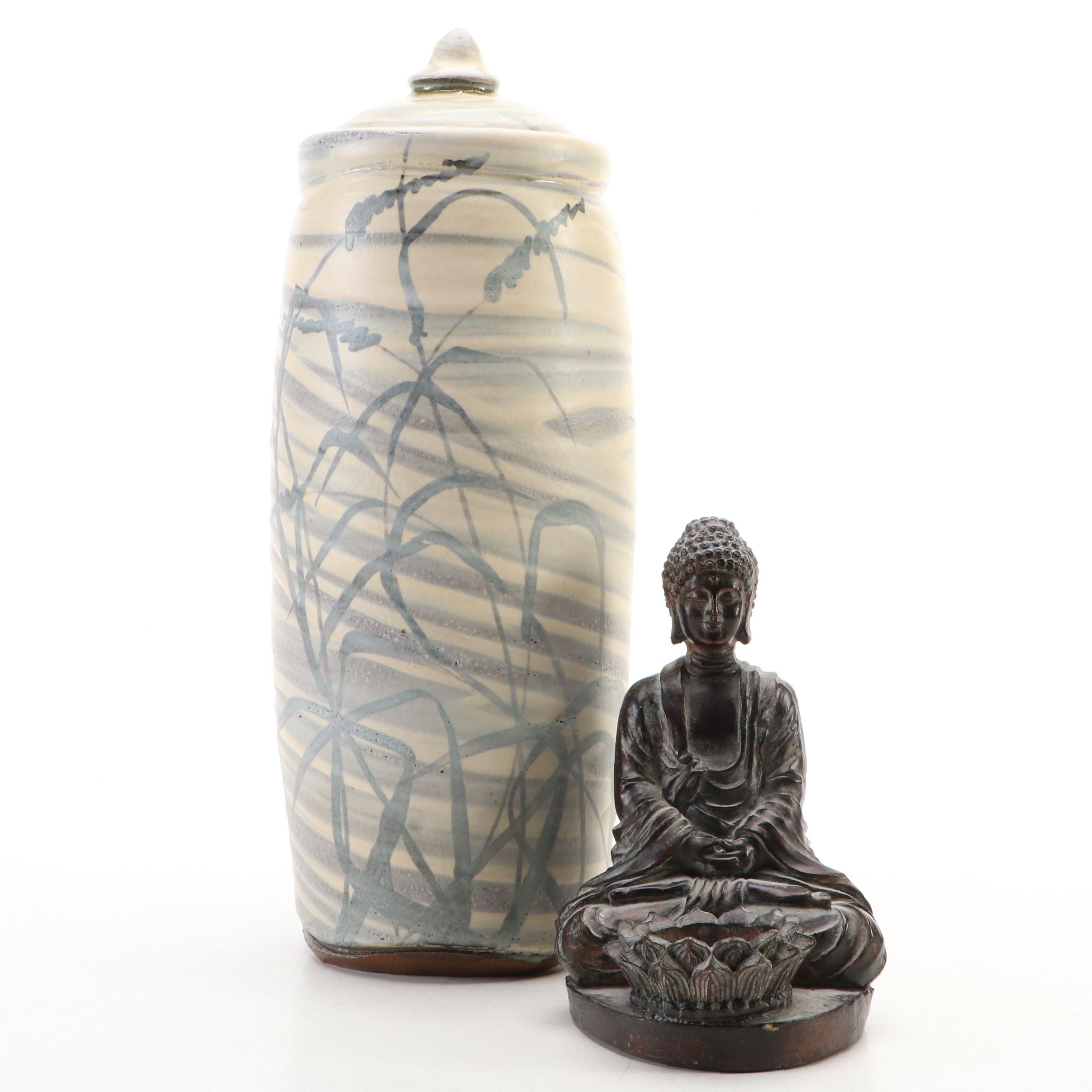 Richard Bresnahan for St. John's Pottery Urn with Resin Buddha Candle Holder