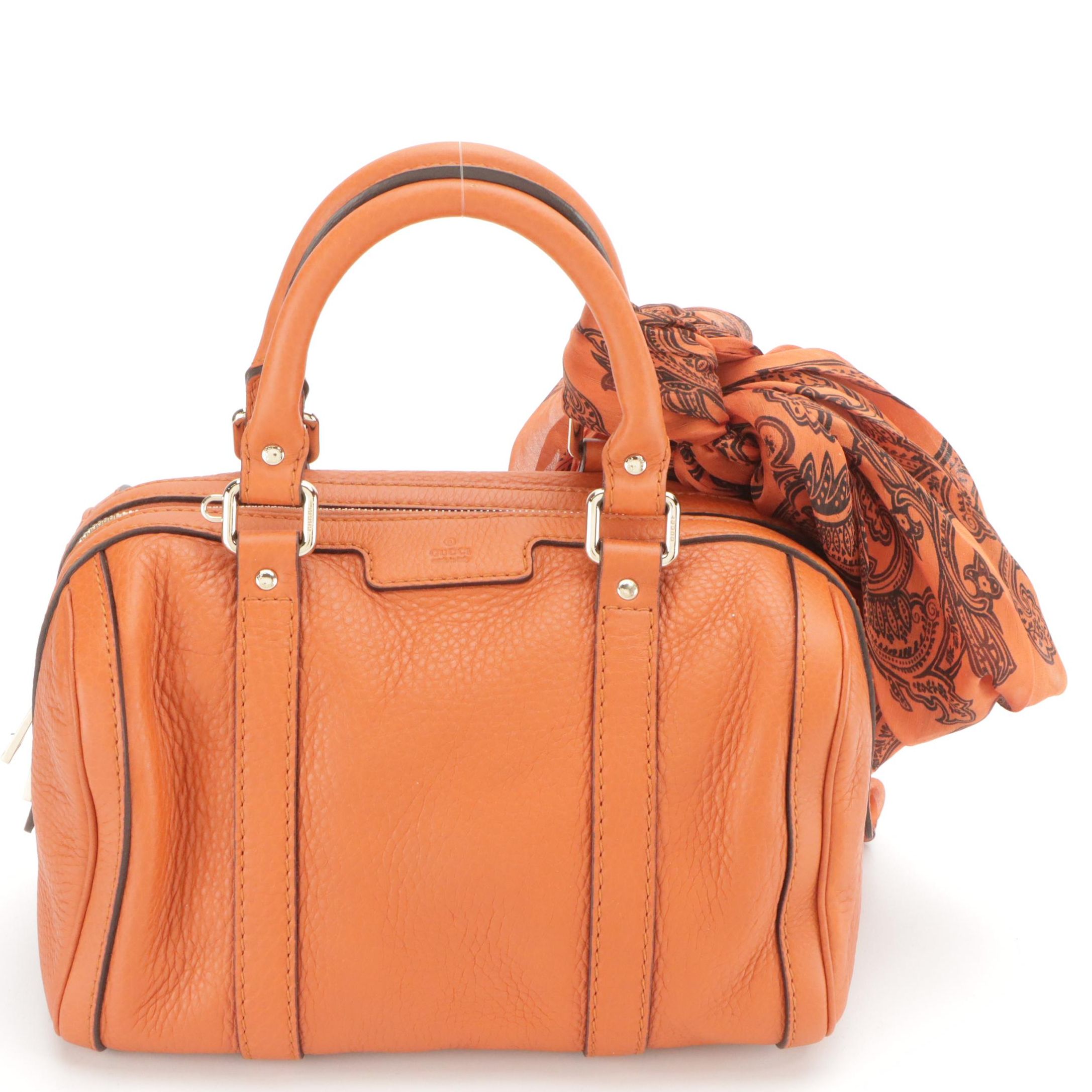 Gucci Orange Pebbled Leather Two-Way Boston Bag with Paisley Print Silk Scarf