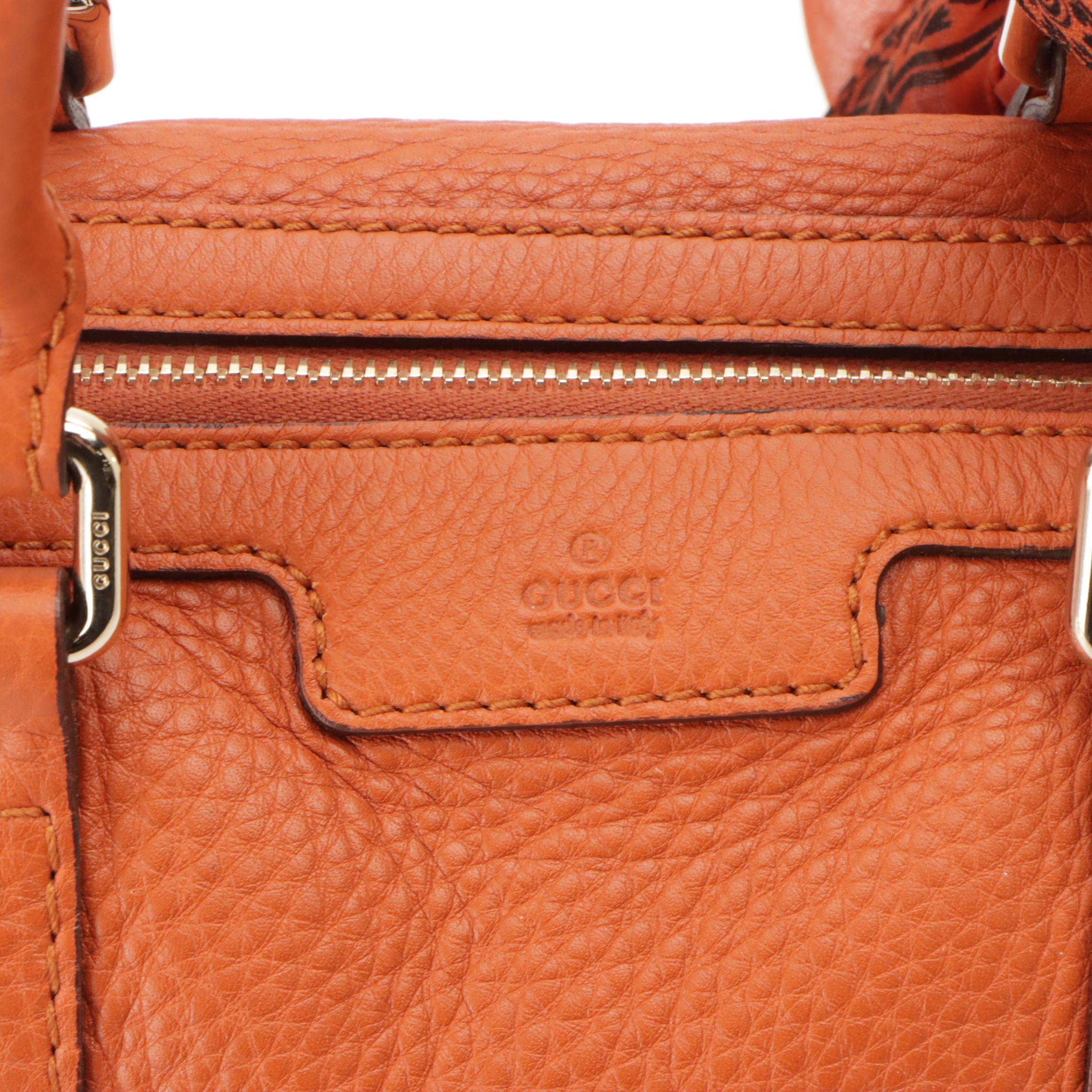 Gucci Orange Pebbled Leather Two-Way Boston Bag with Paisley Print Silk Scarf