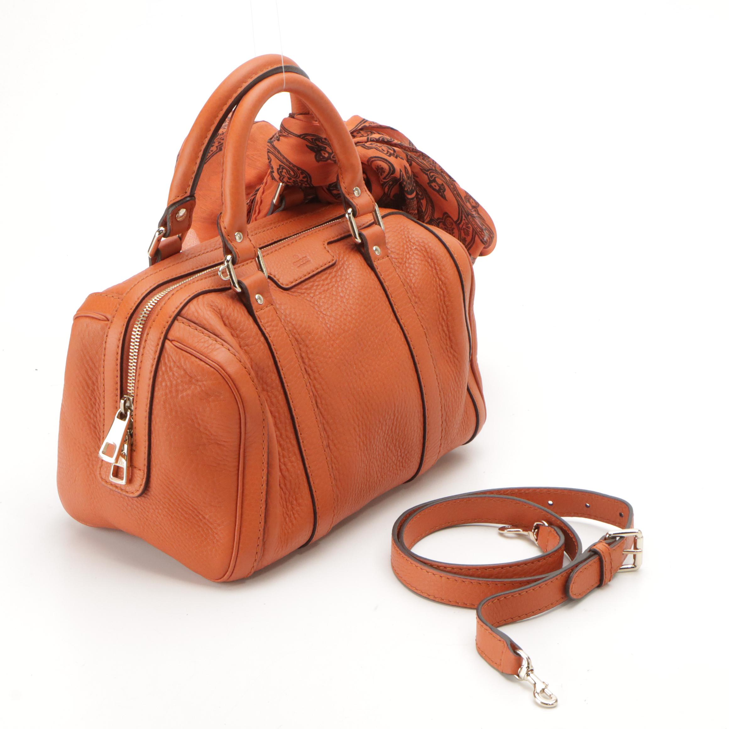 Gucci Orange Pebbled Leather Two-Way Boston Bag with Paisley Print Silk Scarf