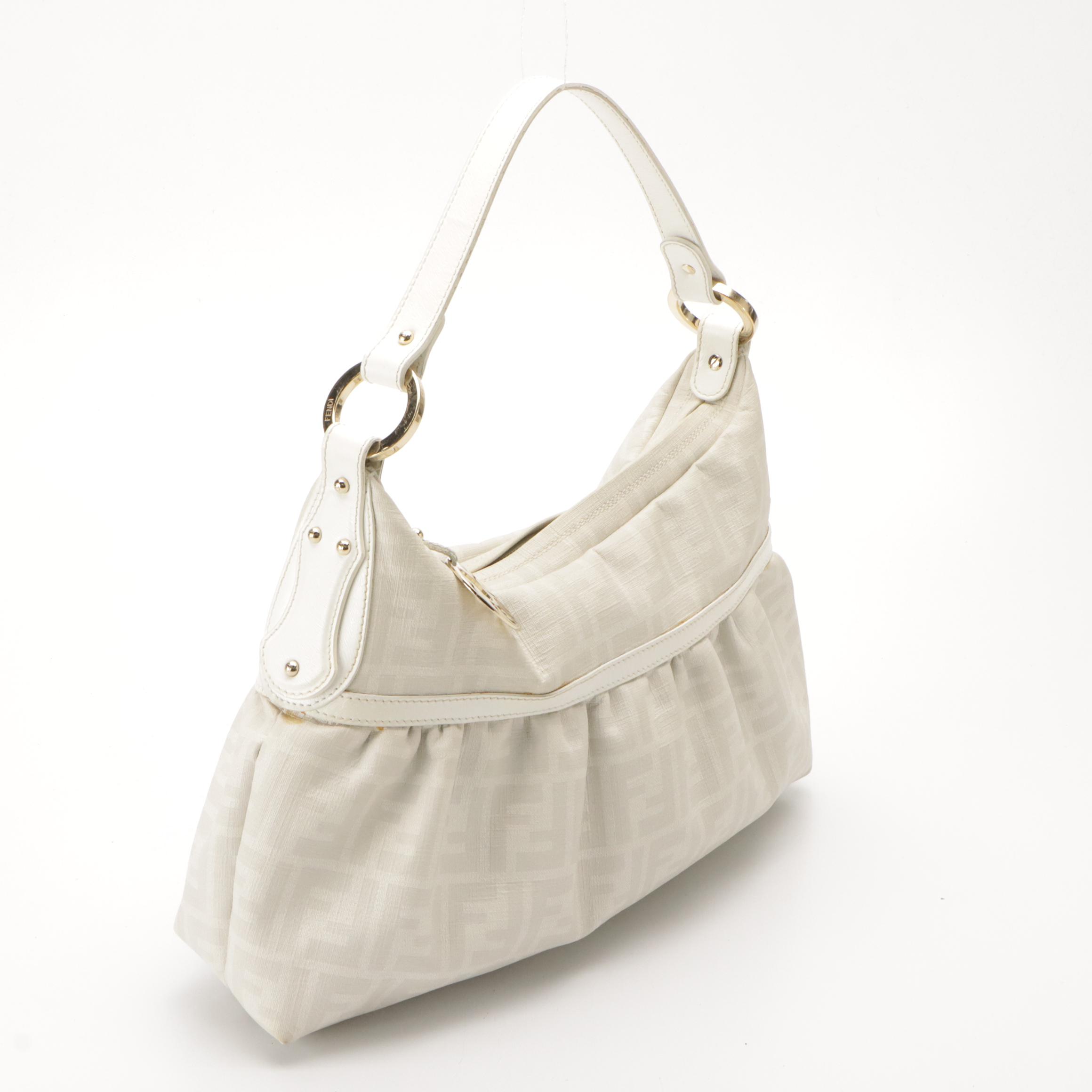 Fendi White Zucca Coated Canvas and Leather Shoulder Bag