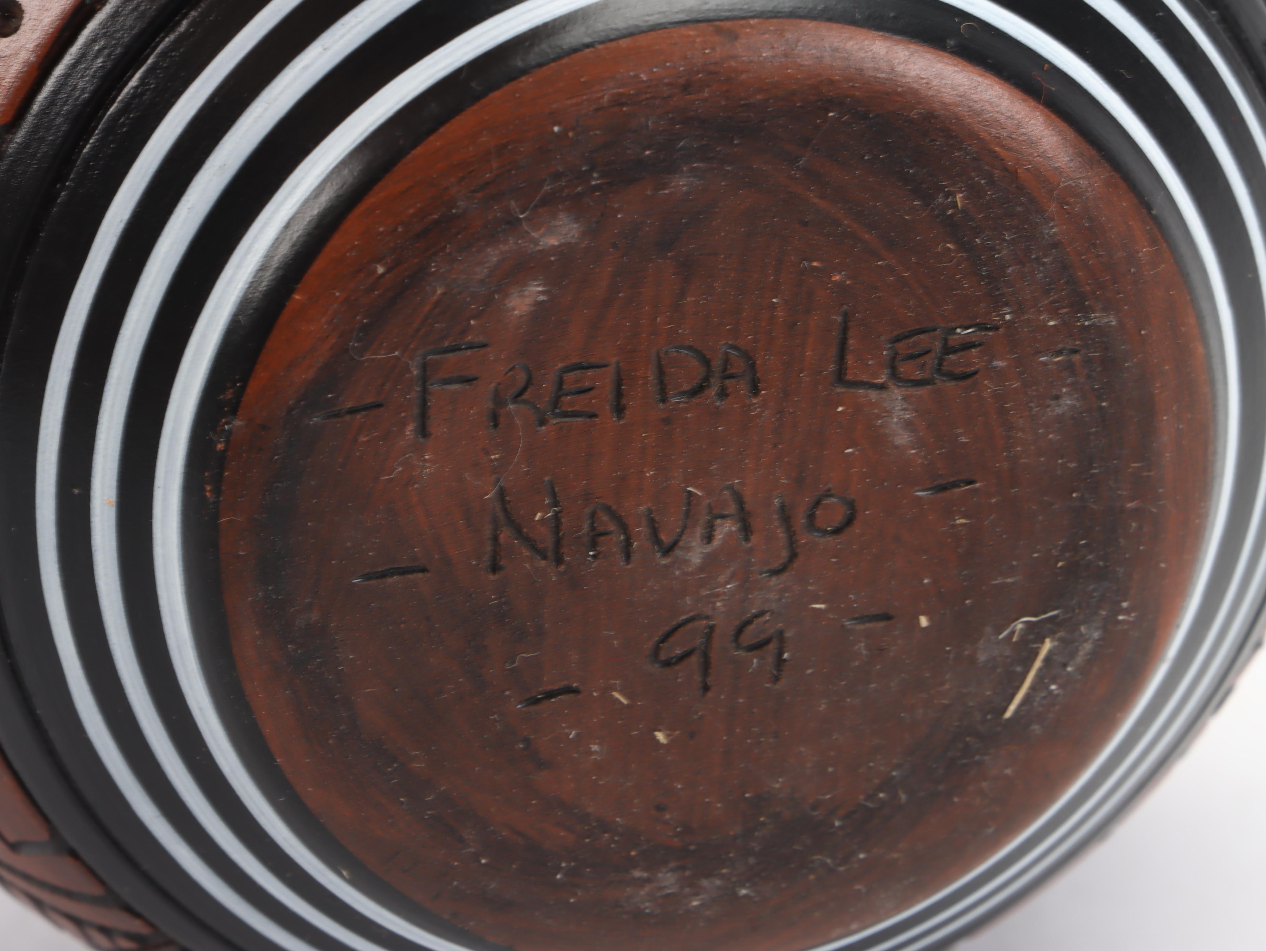 Freida Lee Navajo Pottery Bowl with Other Carved Storyteller Gourd and Pitcher