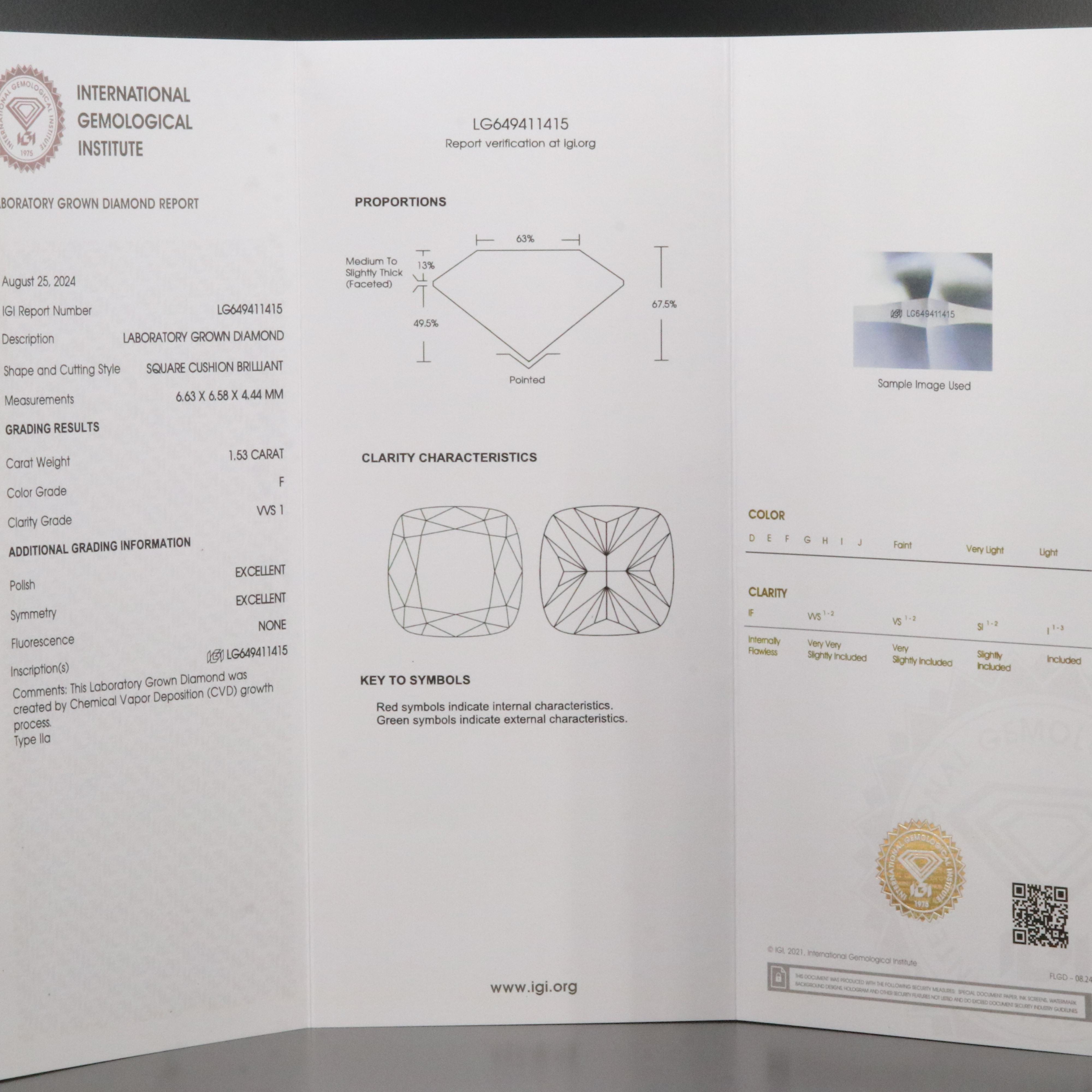 Loose 1.53 CT Lab Grown Diamond with IGI Report
