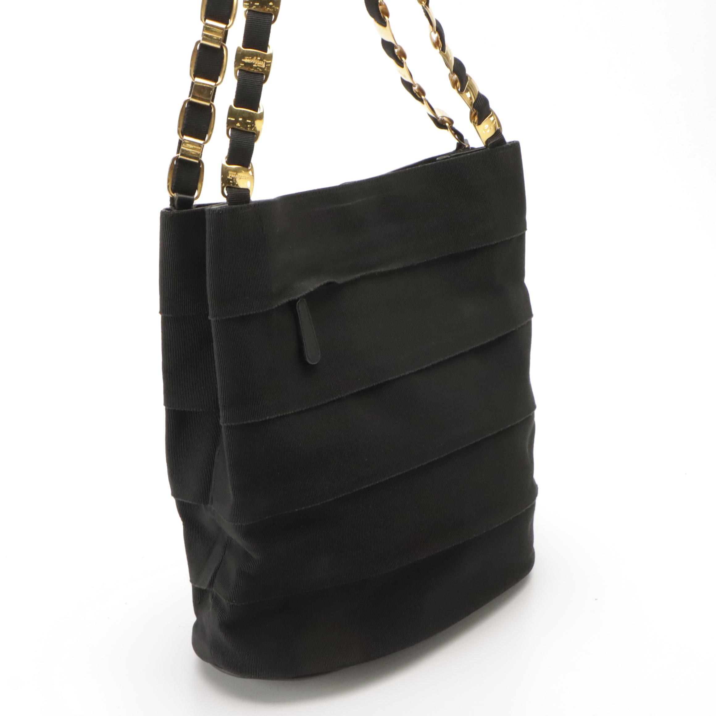 Salvatore Ferragamo Vara Chain Shoulder Bag in Black Grosgrain Tiered Ribbon